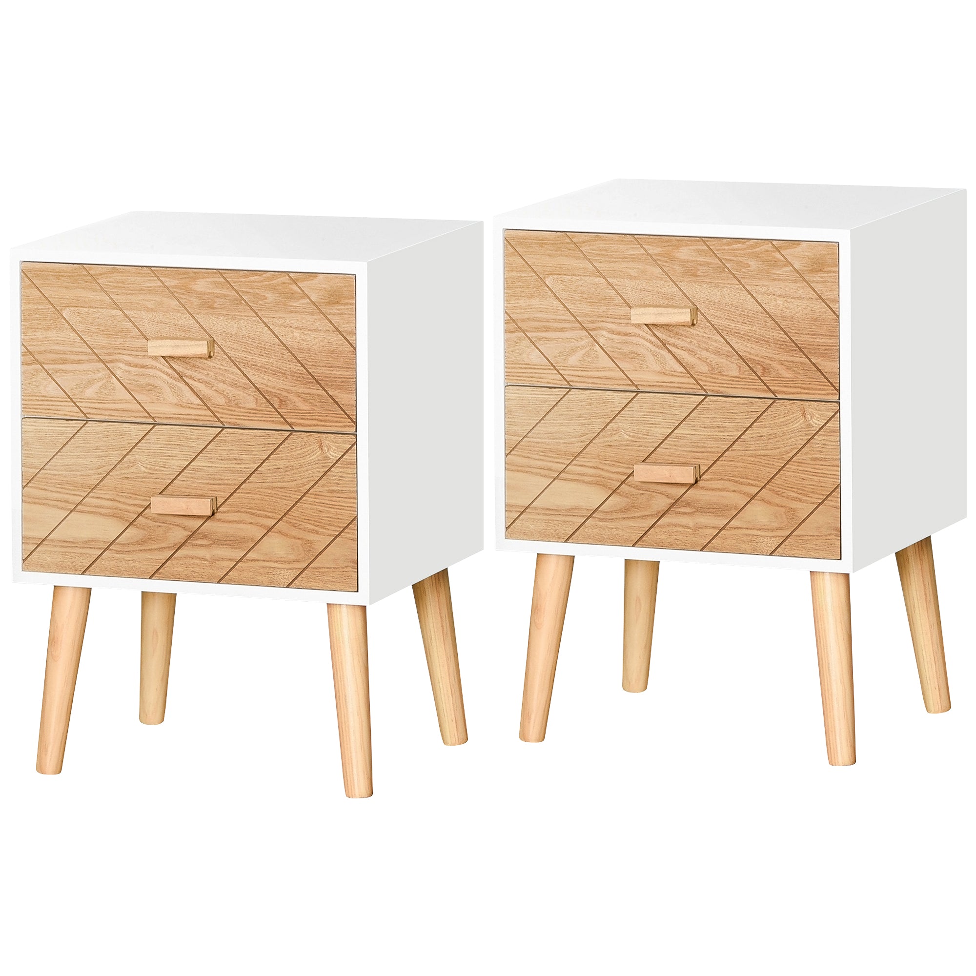 HOMCOM 2 Drawers Bedside Table with Pine Legs, Bedroom Wooden Storage Cabinet, Set of 2, Natural