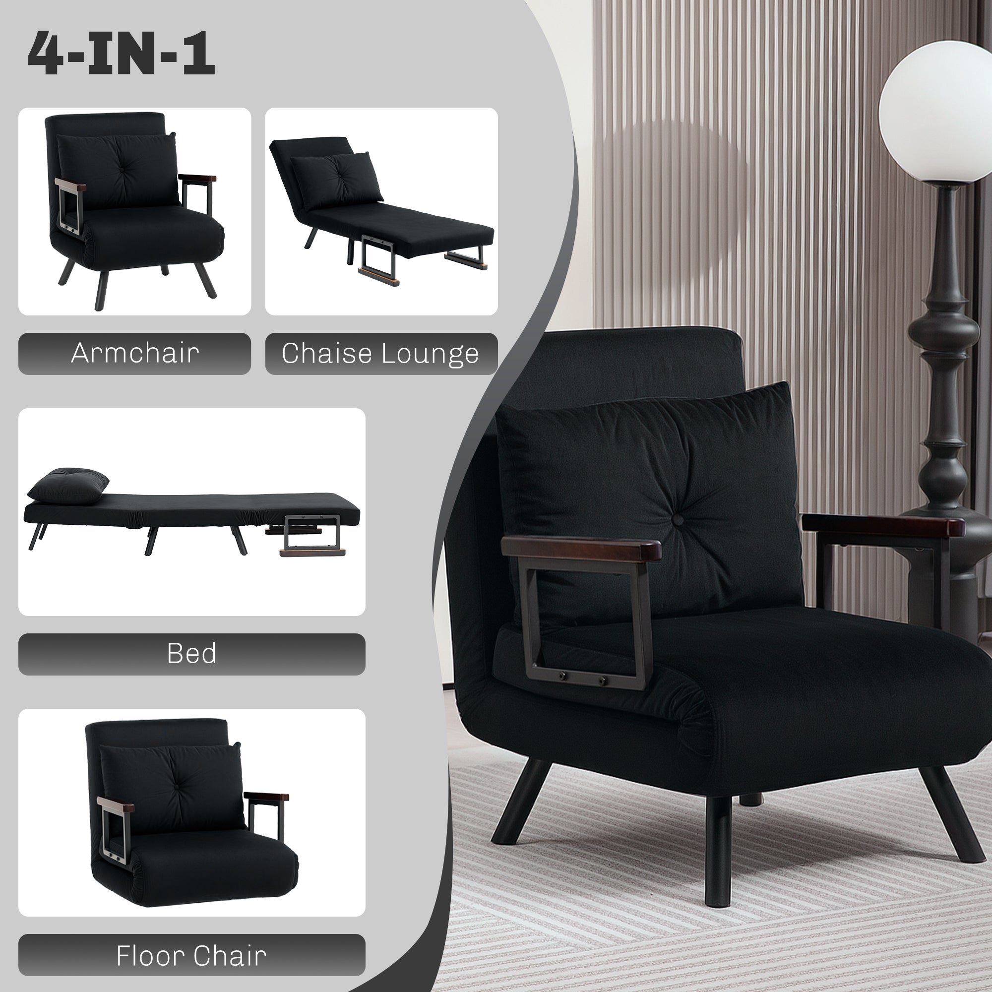 HOMCOM 4-in-1 Velvet-Feel Single Chair Bed, with Pillow - Black - North Peak Garden Furniture