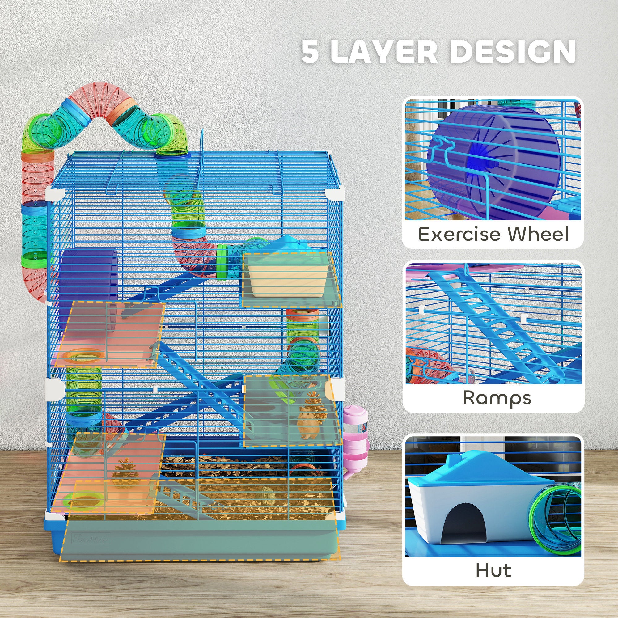 PawHut 5 Tier Hamster Cage Carrier Habitat w/ Exercise Wheels, Tunnel, Blue