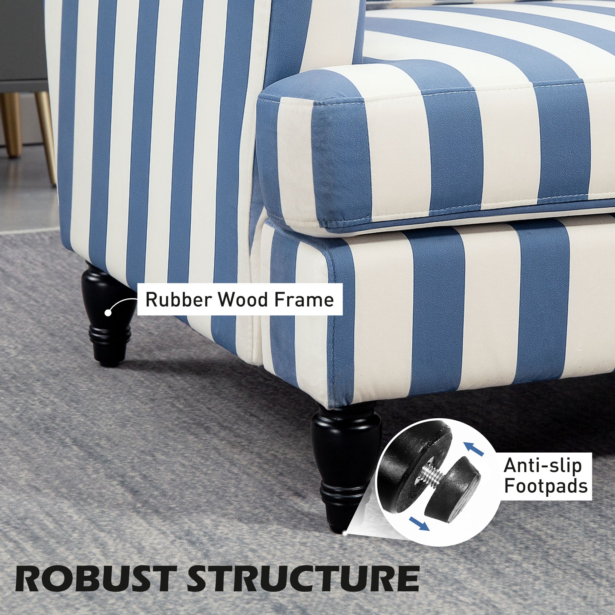 HOMCOM Modern Accent Chair, Velvet Single Sofa Armchair with Stripe, Turned Legs and Wide Seat, Upholstered Snuggle Chair for Living Room, Bedroom, Blue and White - North Peak Garden Furniture