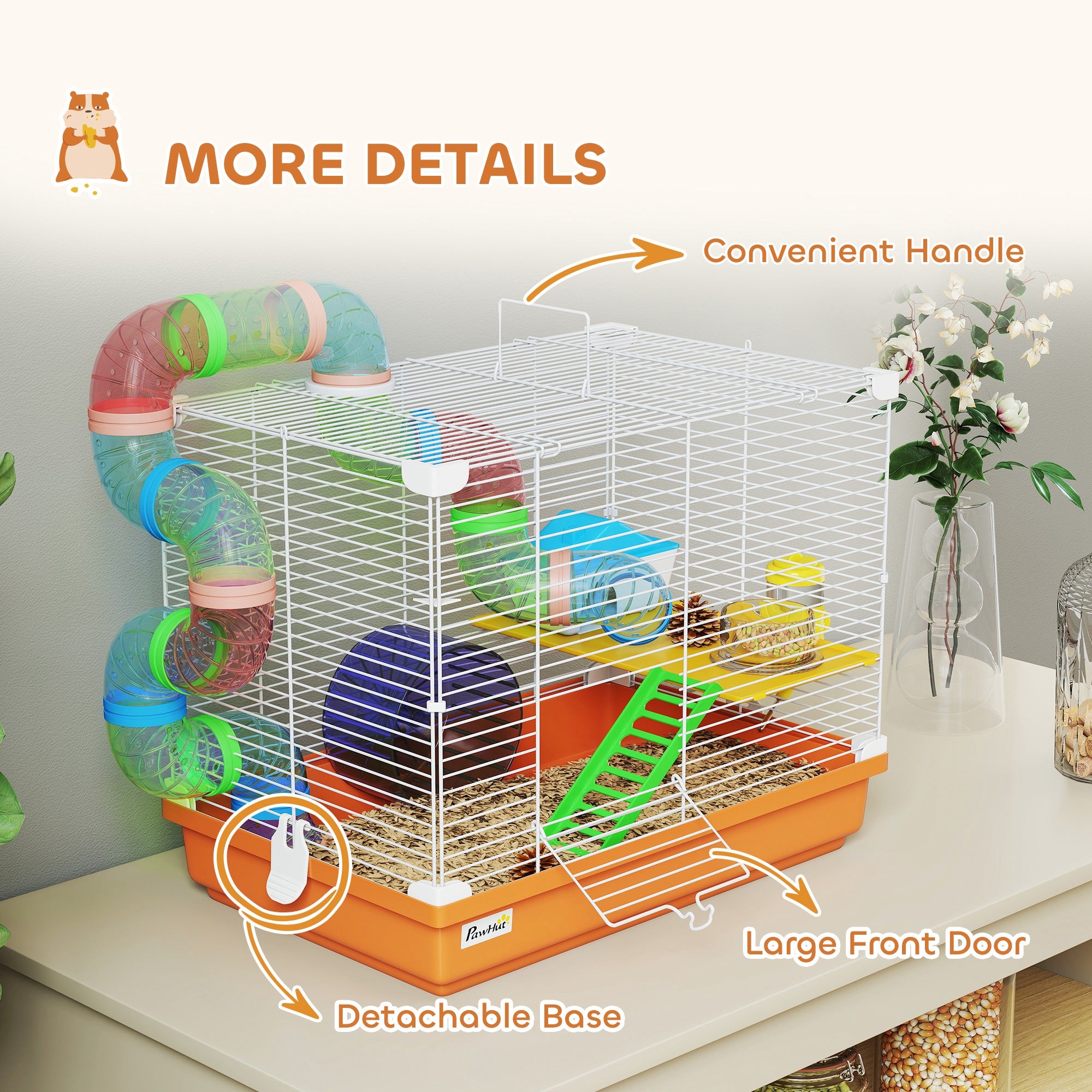 PawHut 2 Tier Hamster Cage, Gerbil Cage with Handle, Exercise Wheels, Tunnel, Water Bottle, Dishes, Ladder, for Dwarf