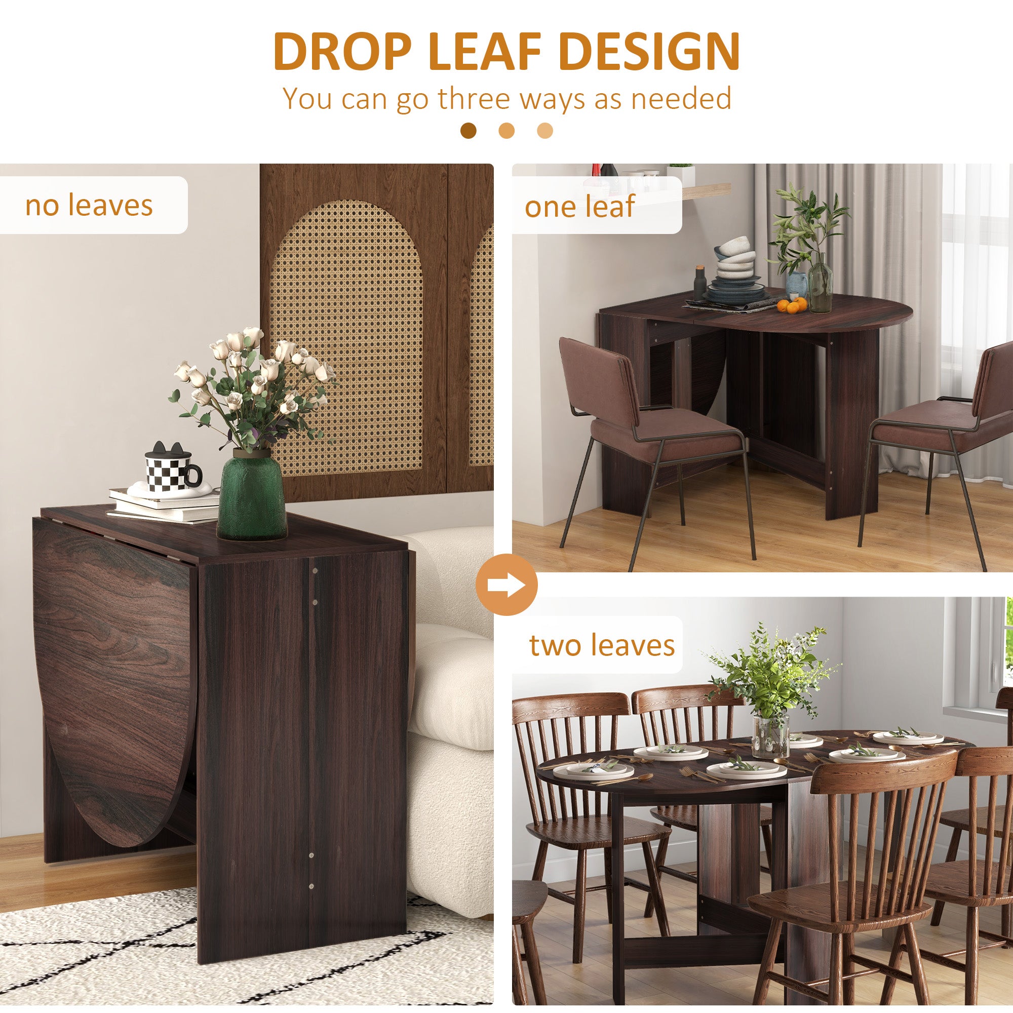HOMCOM Folding Dining Table, Drop Leaf Table for Small Spaces, Oval Tabletop for Dining Room, Chocolate Wood Effect - North Peak Garden Furniture