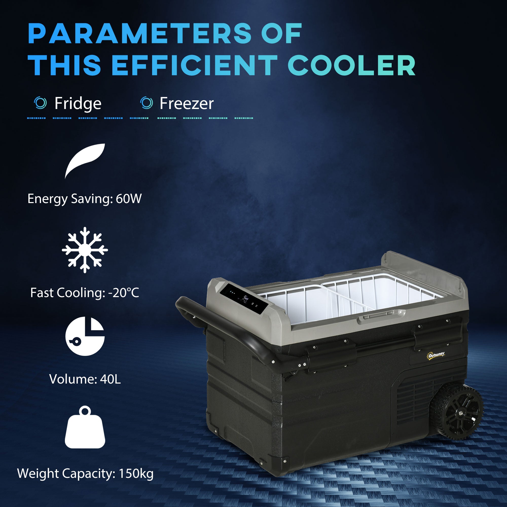 Outsunny 40L Car Refrigerator, Portable Compressor Cooler Box, Fridge Freezer w/ Inner LED Light, Foldable Handles, Cup Holders, 12/24V DC and 110-240V AC for Campervan RV Boat Travel Down to -20℃ - North Peak Garden Furniture