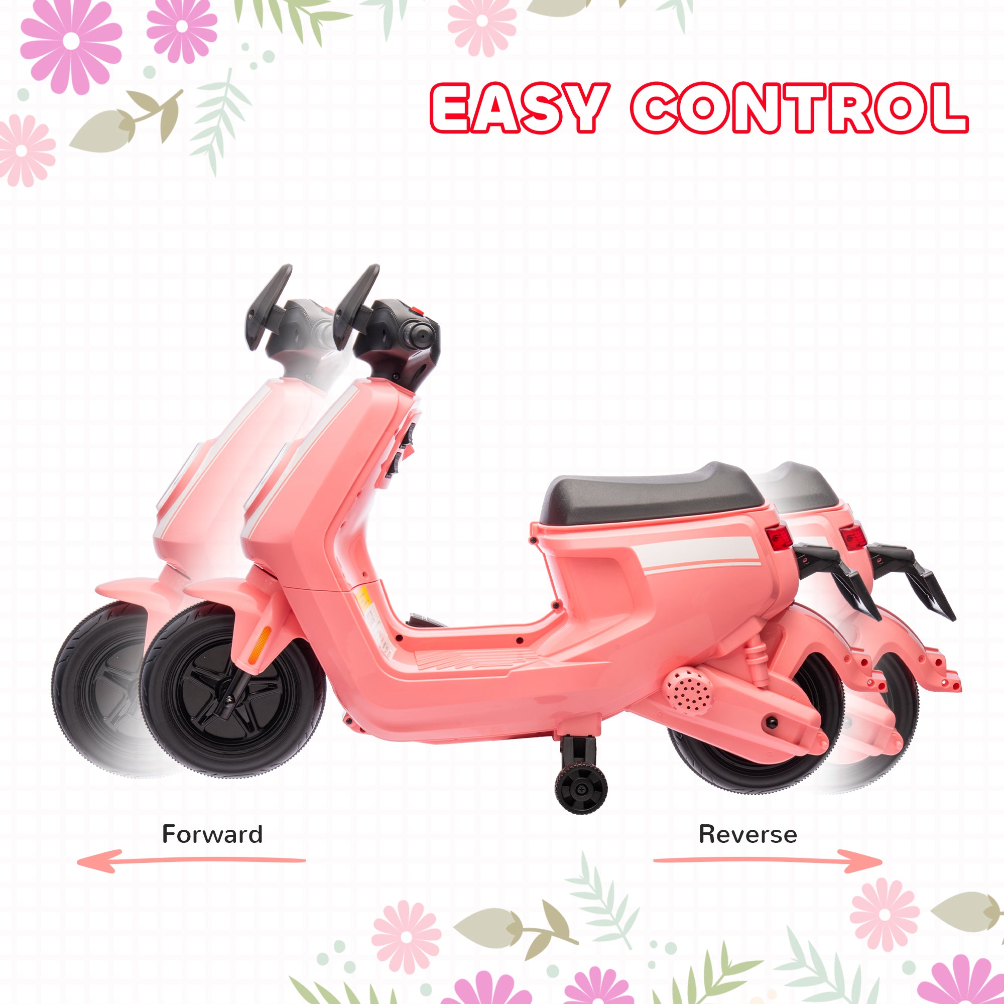 AIYAPLAY 6V Ride on Motorbike Kids Electric Motorbike w/ Headlight Music, Training Wheels, for Ages 18-36 Months - Pink