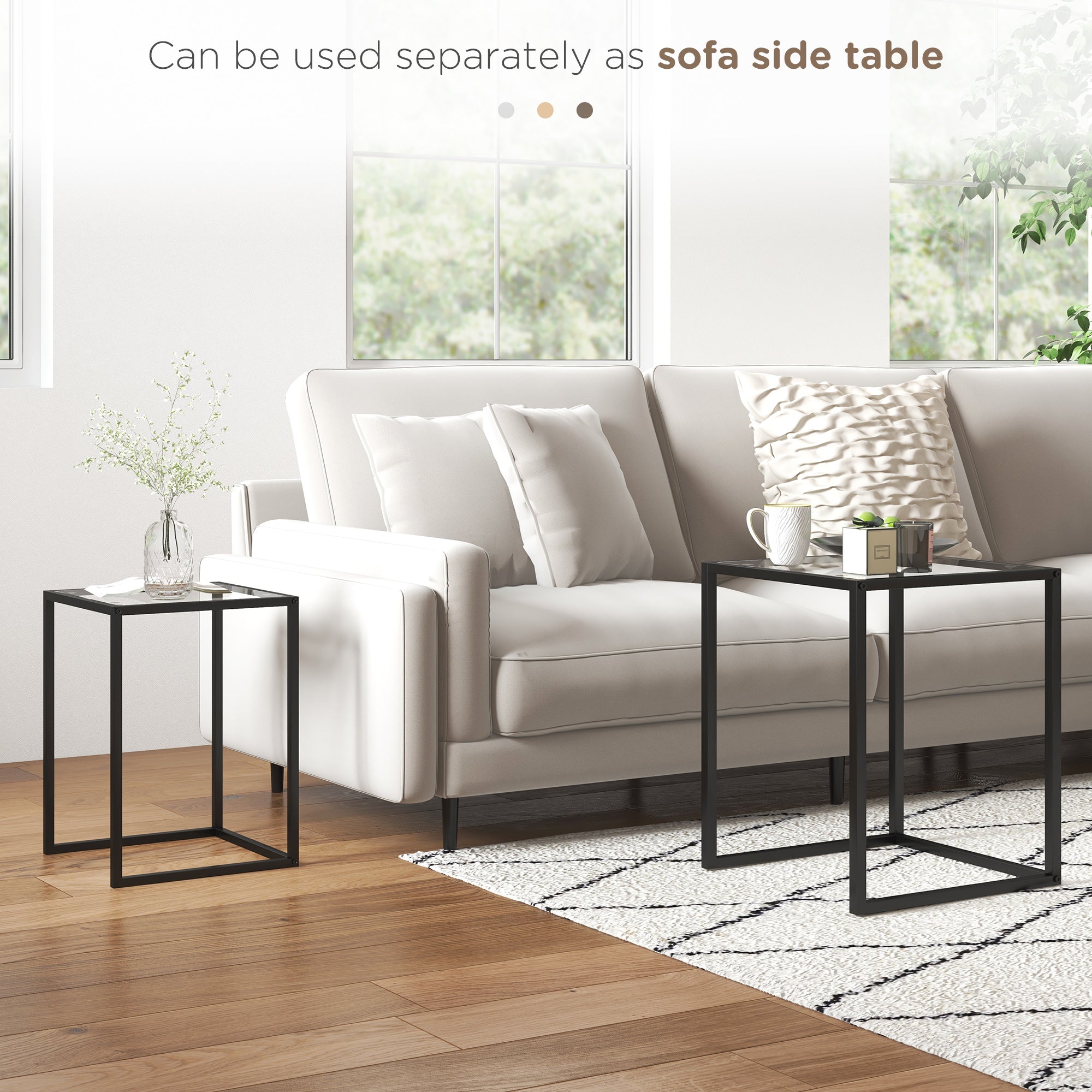 HOMCOM Nesting Tables Set of 2, Side End Table with Tempered Glass Top and Steel Frame for Living Room, Bedroom, Black - North Peak Garden Furniture