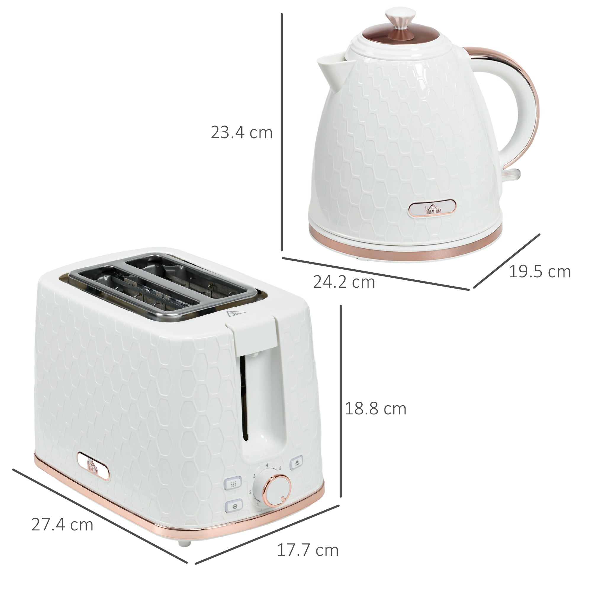 HOMCOM 1.7L 3000W Fast Boil Kettle & 2 Slice Toaster Set, Kettle and Toaster Set with Auto Shut Off, Browning Controls, White - North Peak Garden Furniture