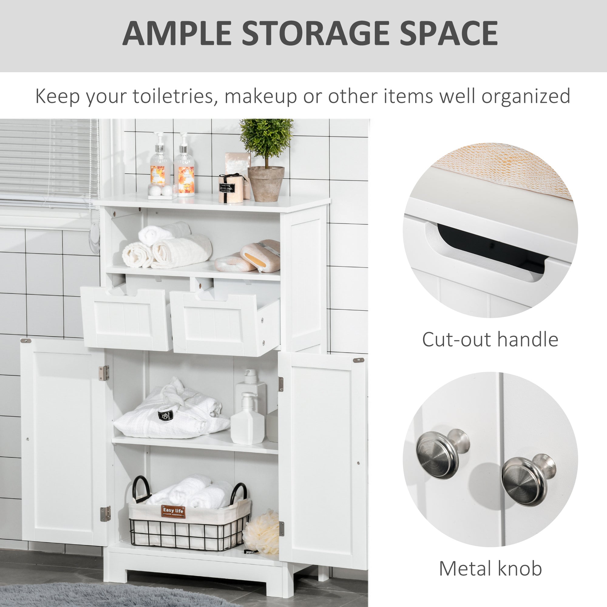 kleankin Bathroom Cabinet, Free Standing Bathroom Storage Cabinet with 2 Drawers and Adjustable Shelf, Small Bathroom Storage Unit, White - North Peak Garden Furniture