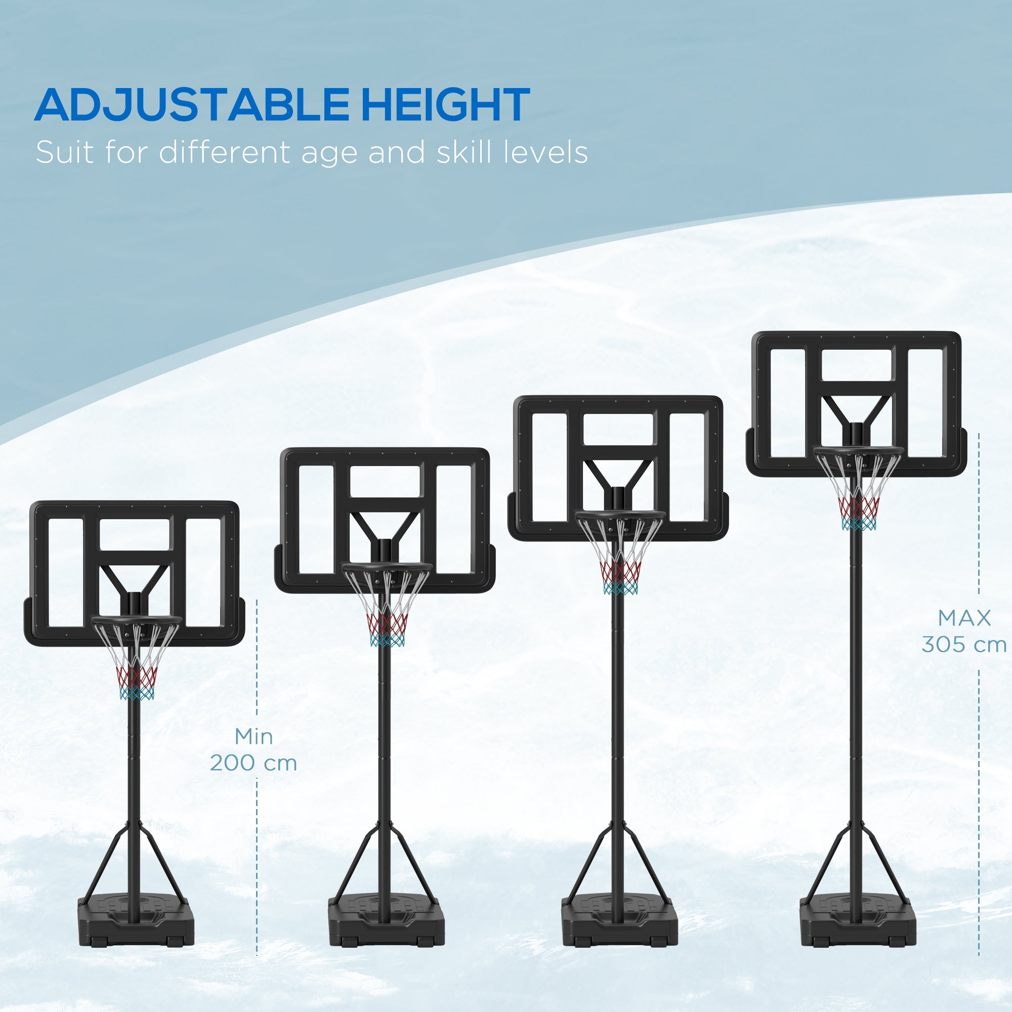 SPORTNOW Height Adjustable Basketball Stand Net Set System, Freestanding Basketball Hoop and Stand w/ Wheels, 200-305cm - Black - North Peak Garden Furniture