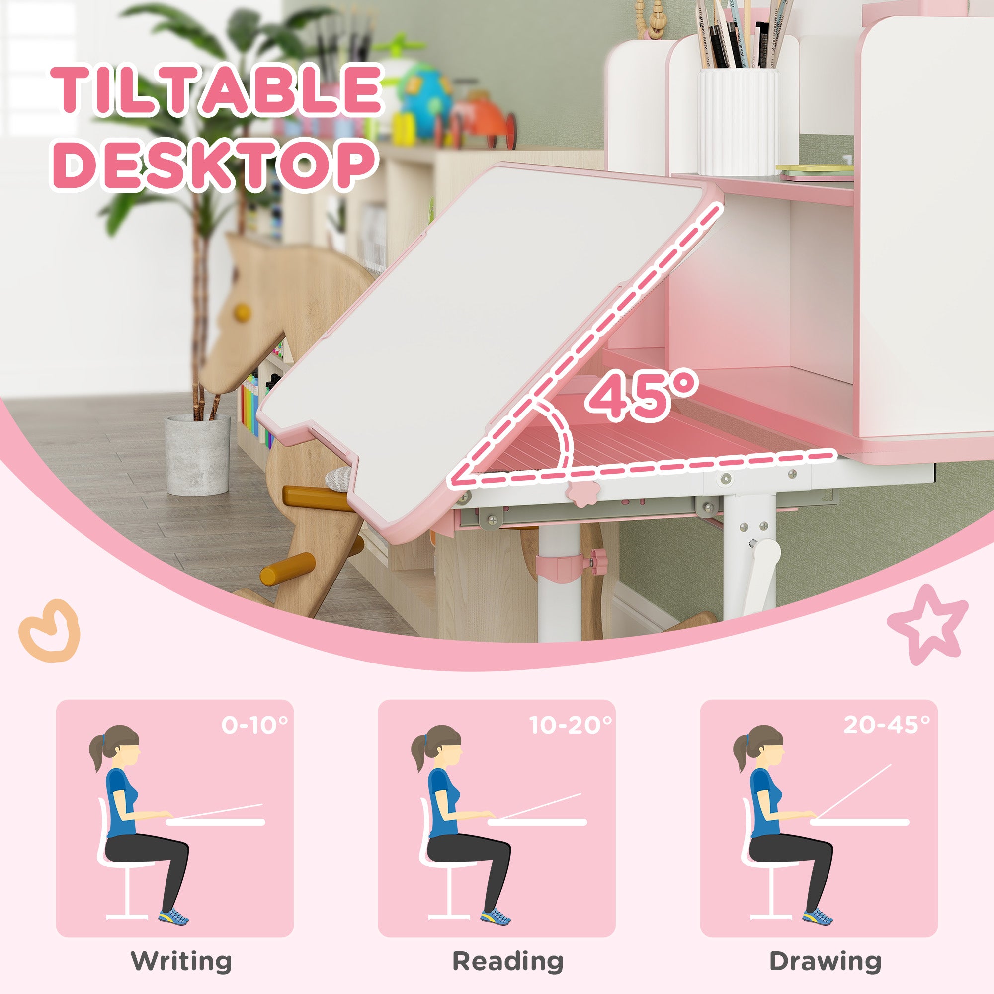 AIYAPLAY Height Adjustable Kids Desk and Chair Set, Children School Study Desk with Tiltable Desktop, Reading Rack,  Pink