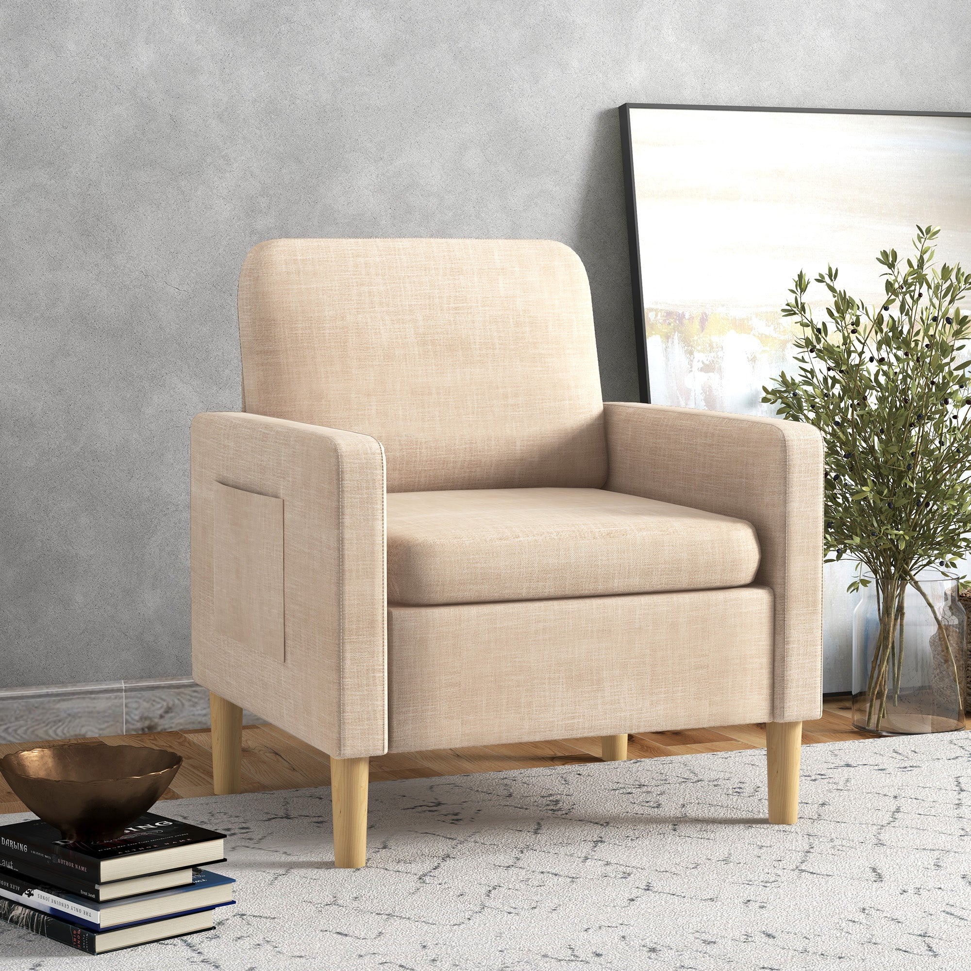HOMCOM Modern Accent Chair, Comfy Fireside Chair, Upholstered Armchair for Living Room, Bedroom, Home Office, Beige - North Peak Garden Furniture