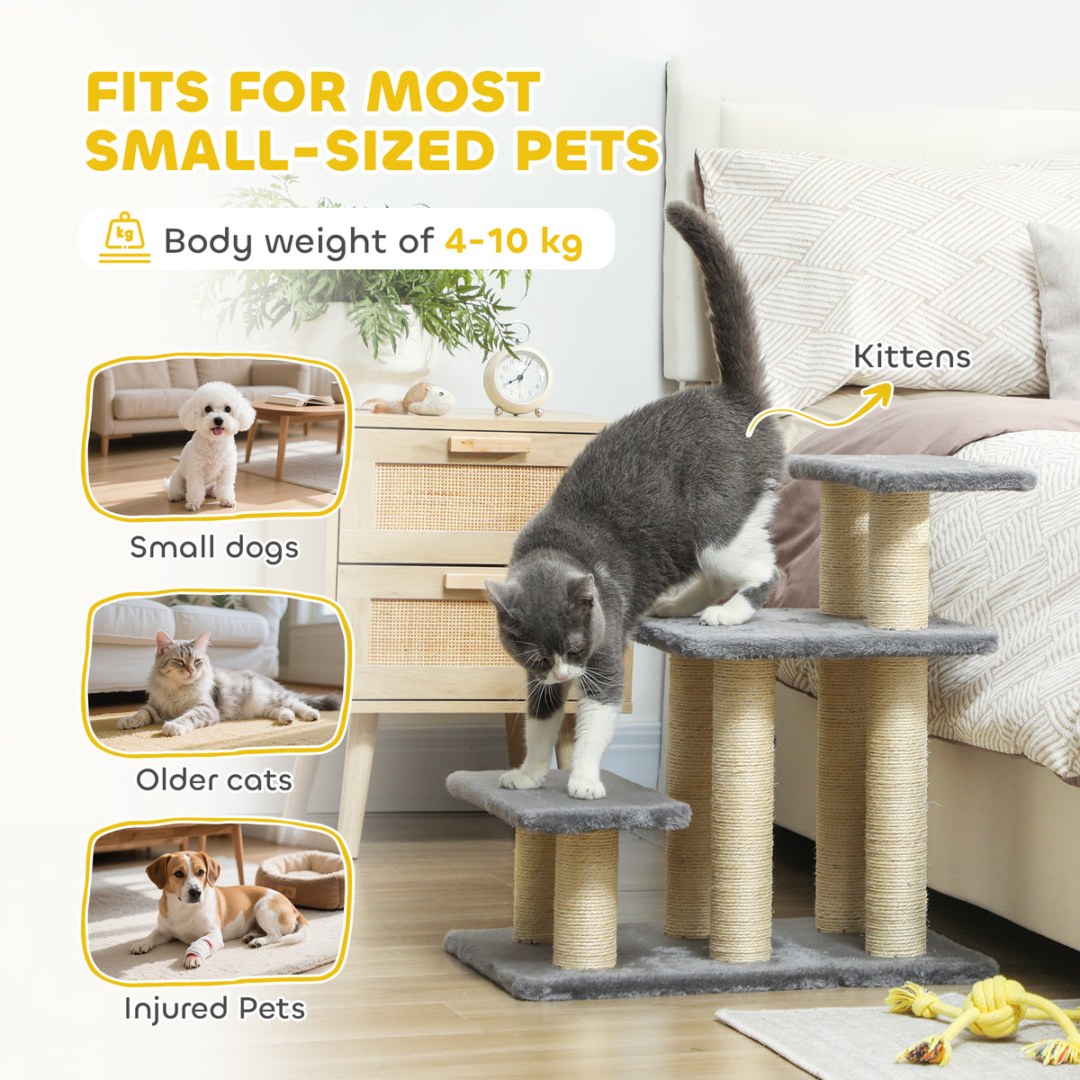 PawHut Pet Steps for Bed, 3 Step Adjustable Pet Stairs for Sofa with 6 Sisal Scratching Posts for Small Dogs & Cats, Grey