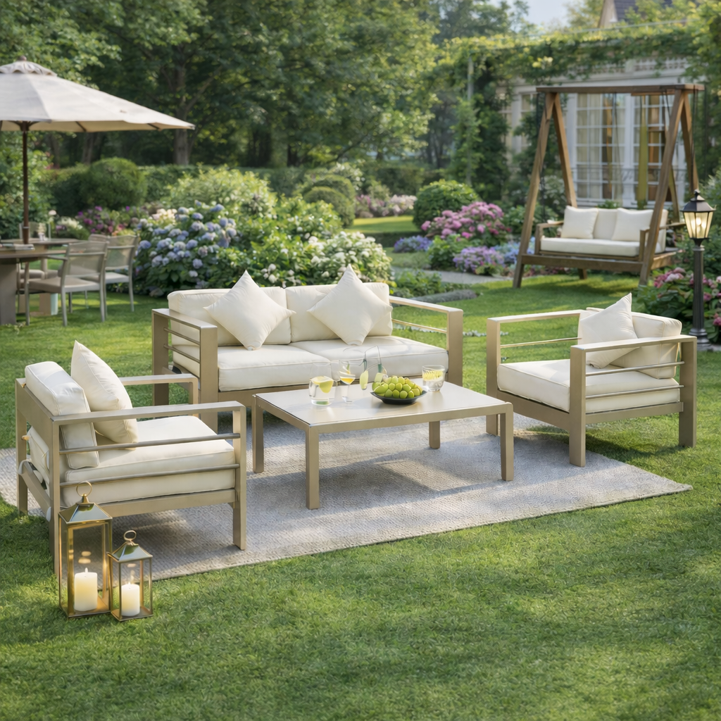 Outsunny 4 Pieces Outdoor Garden Furniture Set, Aluminium Frame Furniture w/ Thick Padded Cushiones Champagne Gold