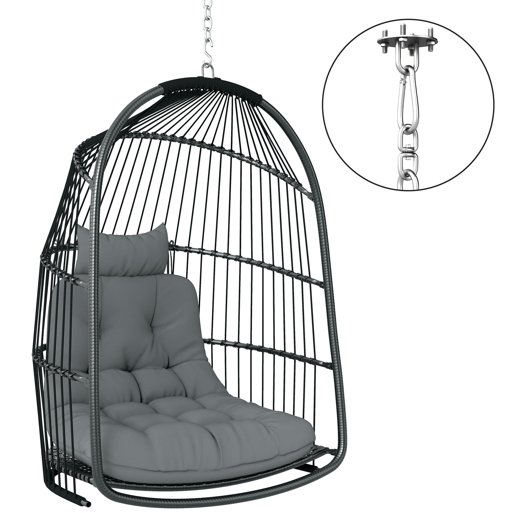 Outsunny Hanging Egg Chair, Foldable Rattan Garden Swing Chair with Installation Kit, Thickened Cushion and Headrest, Indoor Outdoor Hanging Egg Basket Seat for Patio, Porch, Dark Grey - North Peak Garden Furniture