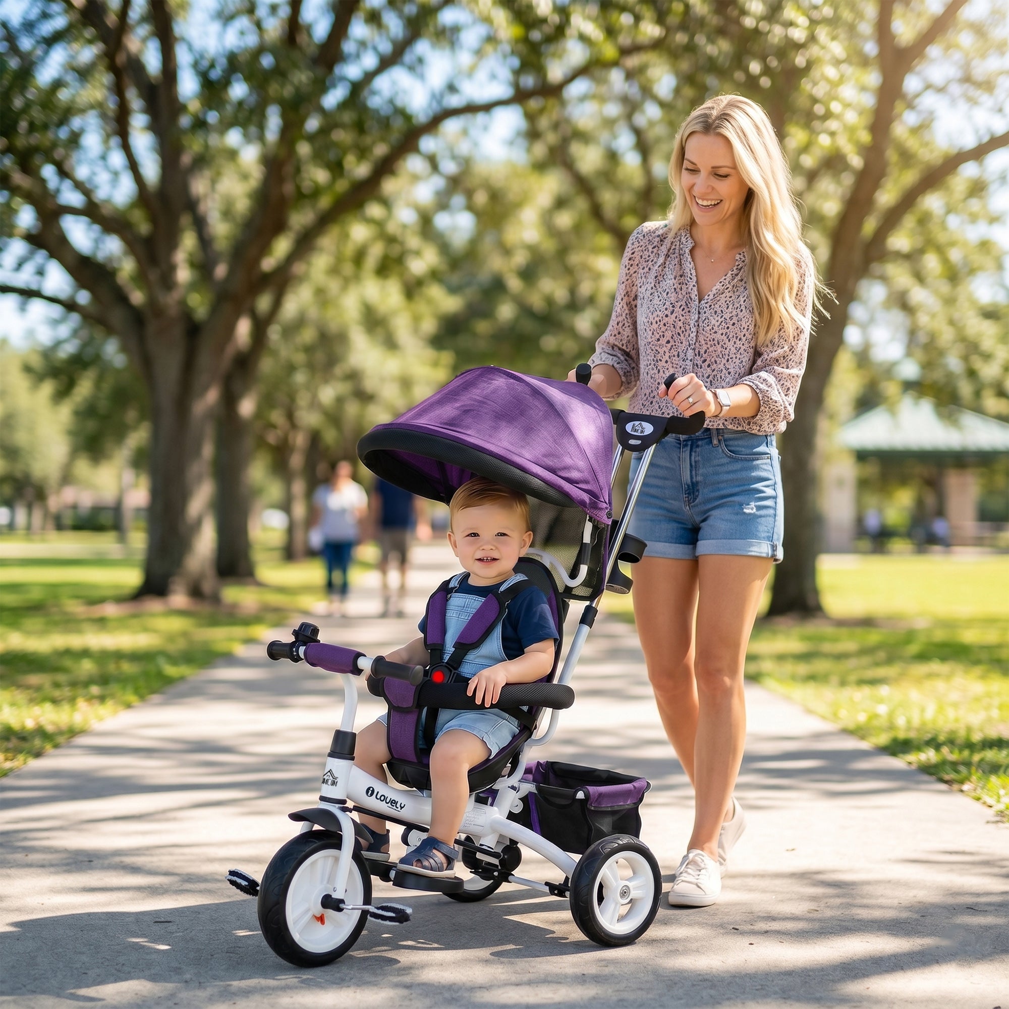 HOMCOM 6 in 1 Kids Trike Push Bike w/ Push Handle, Canopy, 5-point Safety Belt, Storage, Footrest, Brake, for 1-5 Years, Purple