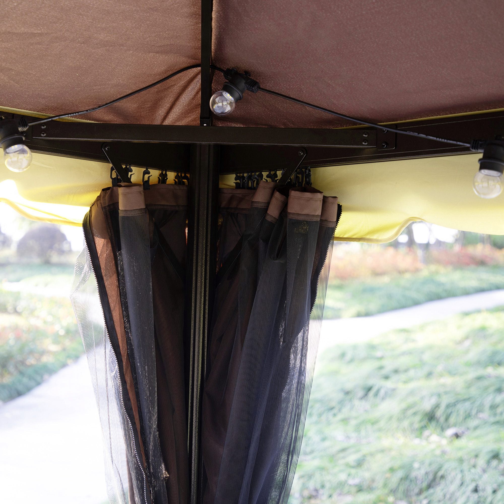 Outsunny 3 x 4m Aluminium Garden Gazebo, Marquee Canopy Shelter Pavilion Party Tent with Nets and Curtains for Garden, Lawn, Backyard and Deck, Coffee - North Peak Garden Furniture