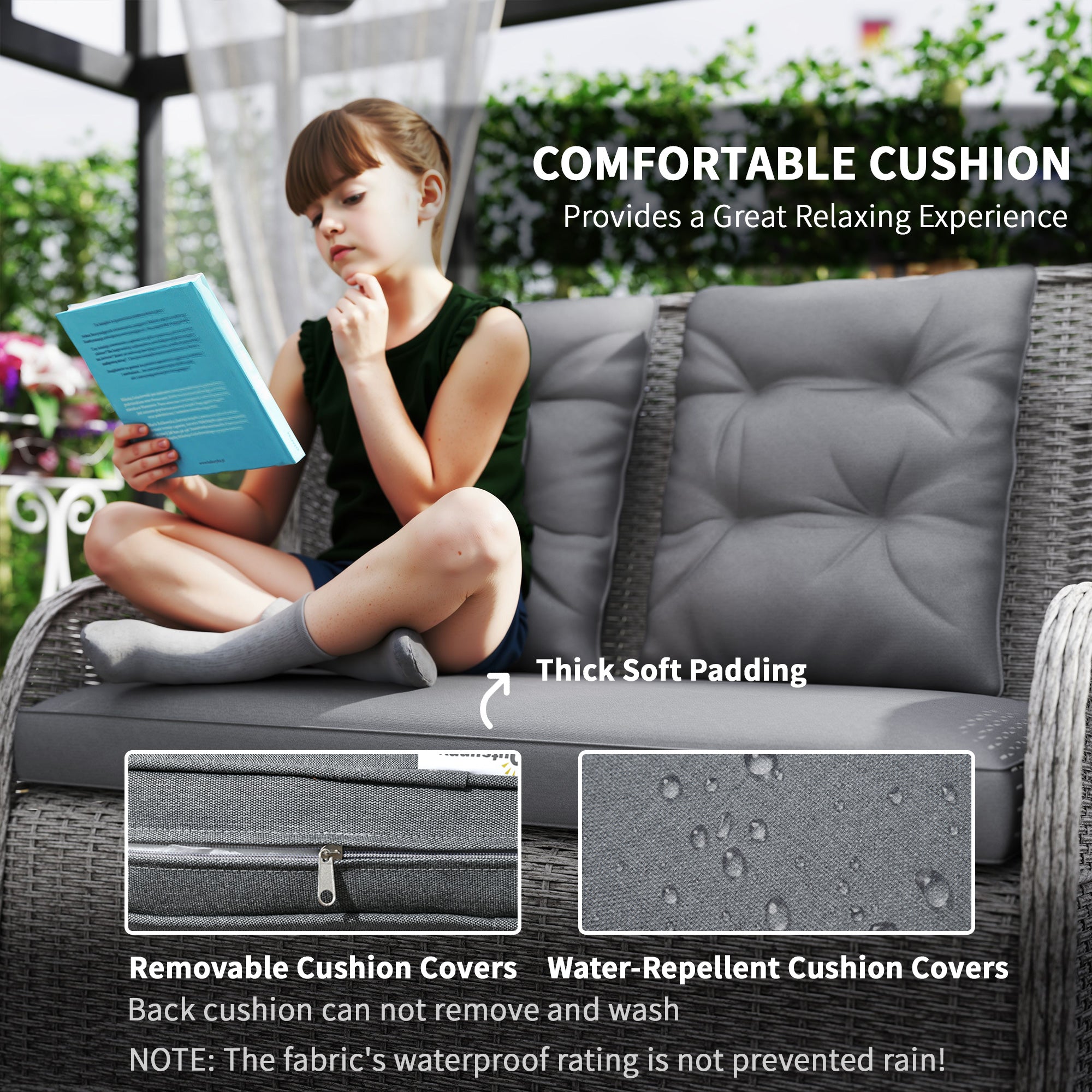Outsunny Garden PE Rattan Dining Sofa Set, Outdoor 4 Seater Wicker Furniture, High Back Chairs with Cushions, Tempered Glass Coffee Table for Patio, Light Grey - North Peak Garden Furniture