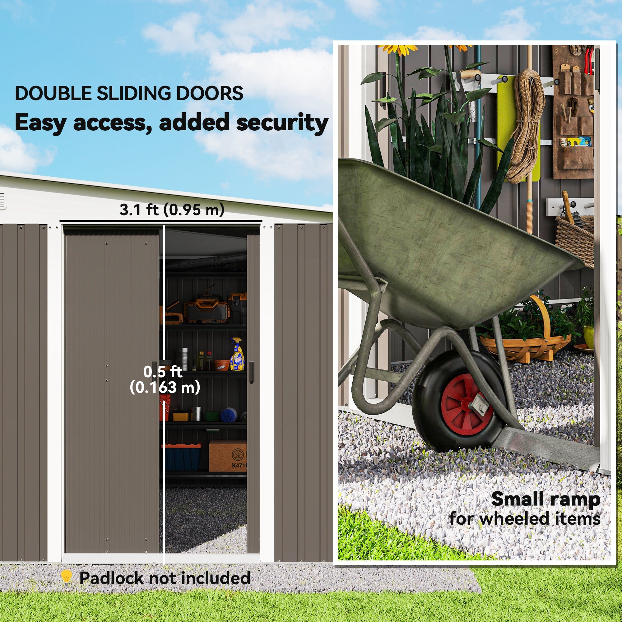 Outsunny 11.3 x 9.2ft Lean to Metal Garden Shed, Outdoor Galvanised Tool Storage House with Double Sliding Doors and 2 Air Vents, Grey - North Peak Garden Furniture