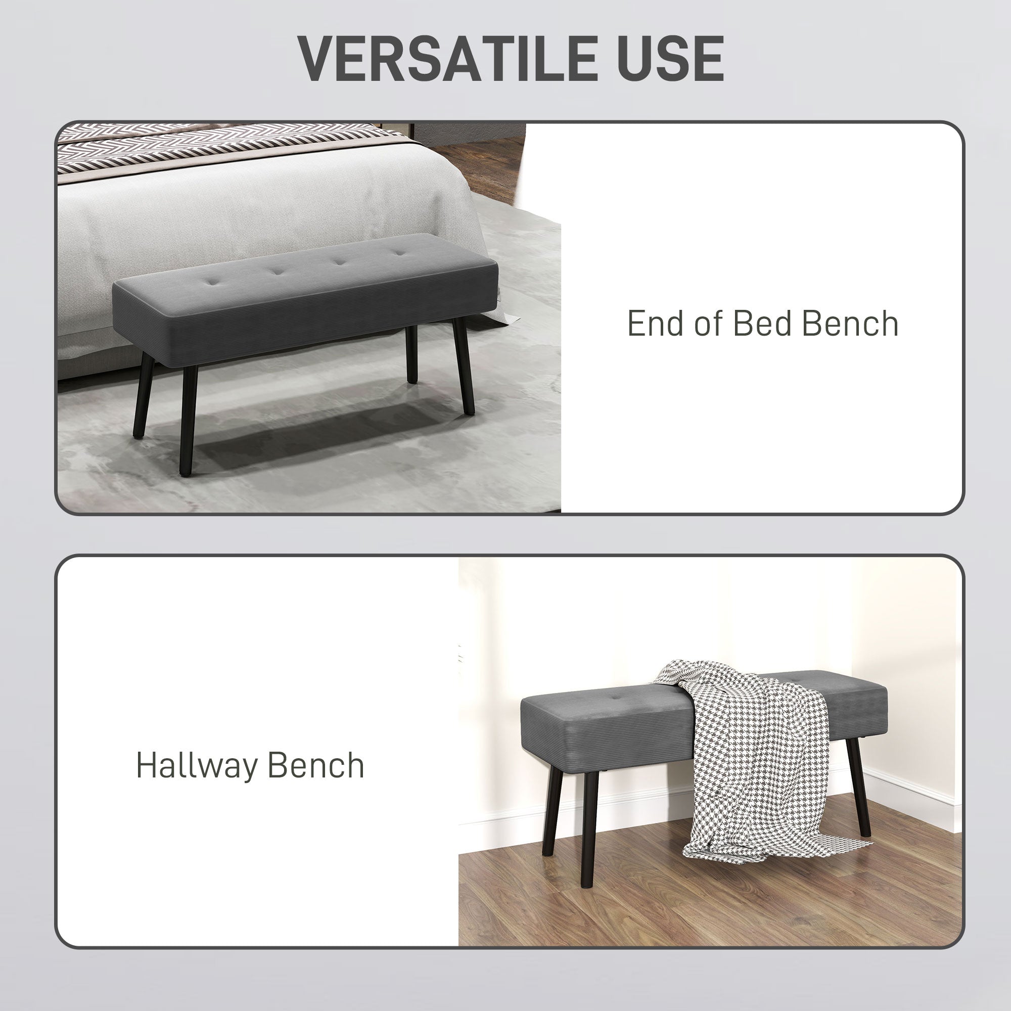 HOMCOM End of Bed Bench, Corduroy Bedroom Bench with Thick Padding and Steel Legs, Tufted Window Seat for Entryway, Living Room, Grey - North Peak Garden Furniture