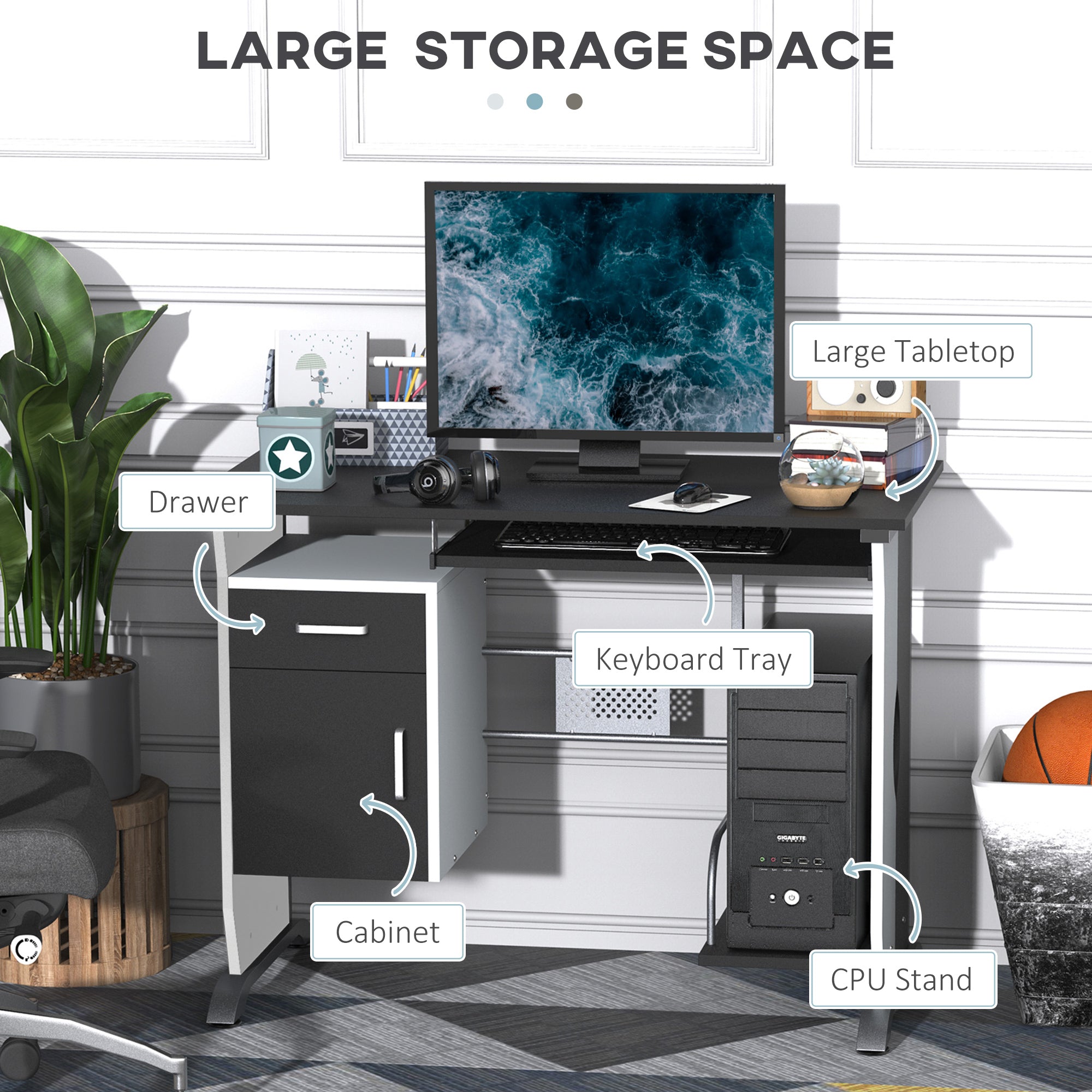 HOMCOM Computer Desk with Sliding Keyboard Tray, Storage Drawers and Host Box Shelf, Home Office Desk, Study Workstation, 100 x 52 x 75cm, Black - North Peak Garden Furniture