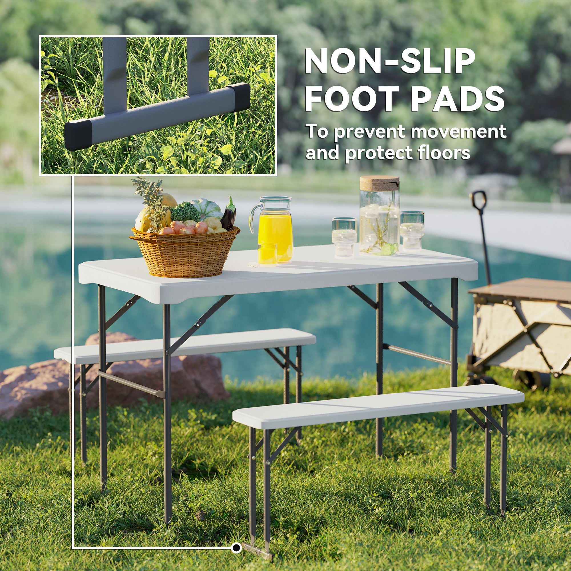 Outsunny 3 Piece 4ft Folding Picnic Table and Bench Set, Portable HDPE Camping Table and Chairs with Carrying Handle for Indoor Outdoor, Dining, Camping, Picnic, BBQ, Party, Light Grey - North Peak Garden Furniture
