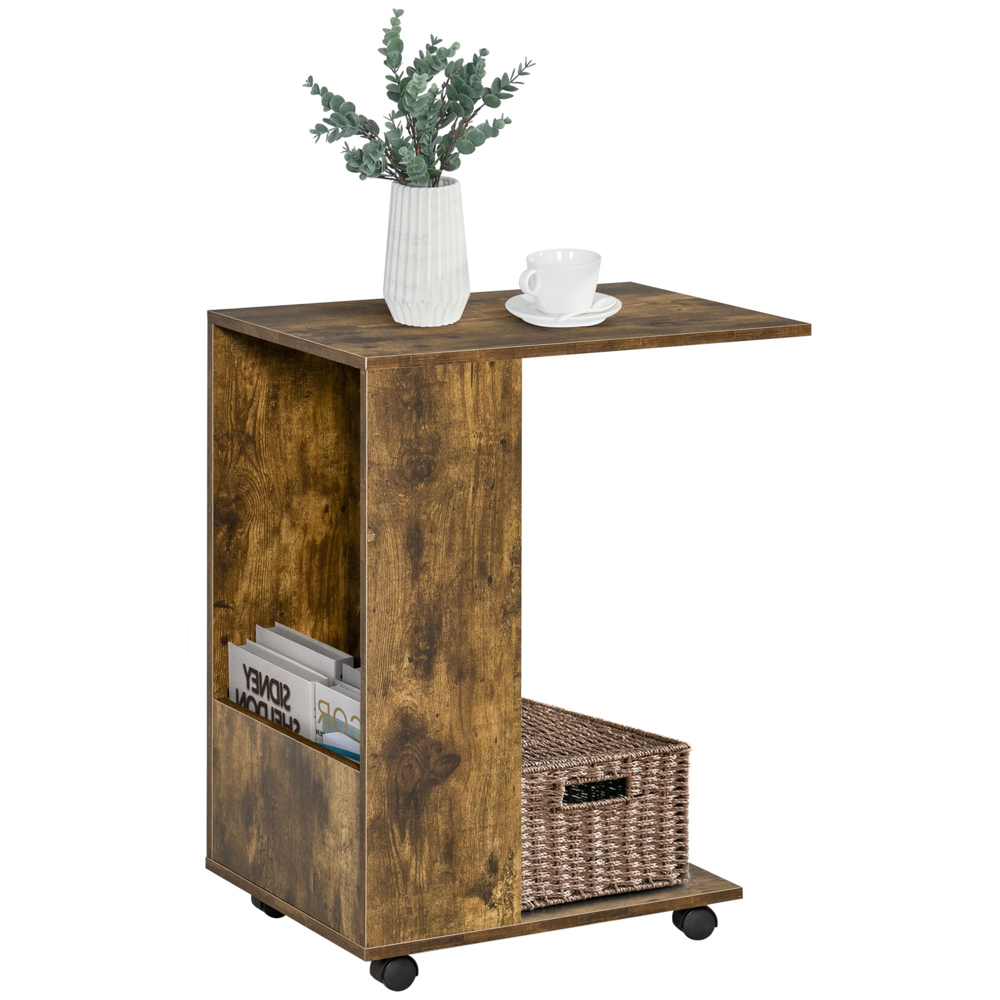HOMCOM Mobile Sofa Side Table C-Shape End Table with Storage and Casters for Laptop Coffee Snack, Rustic Brown - North Peak Garden Furniture