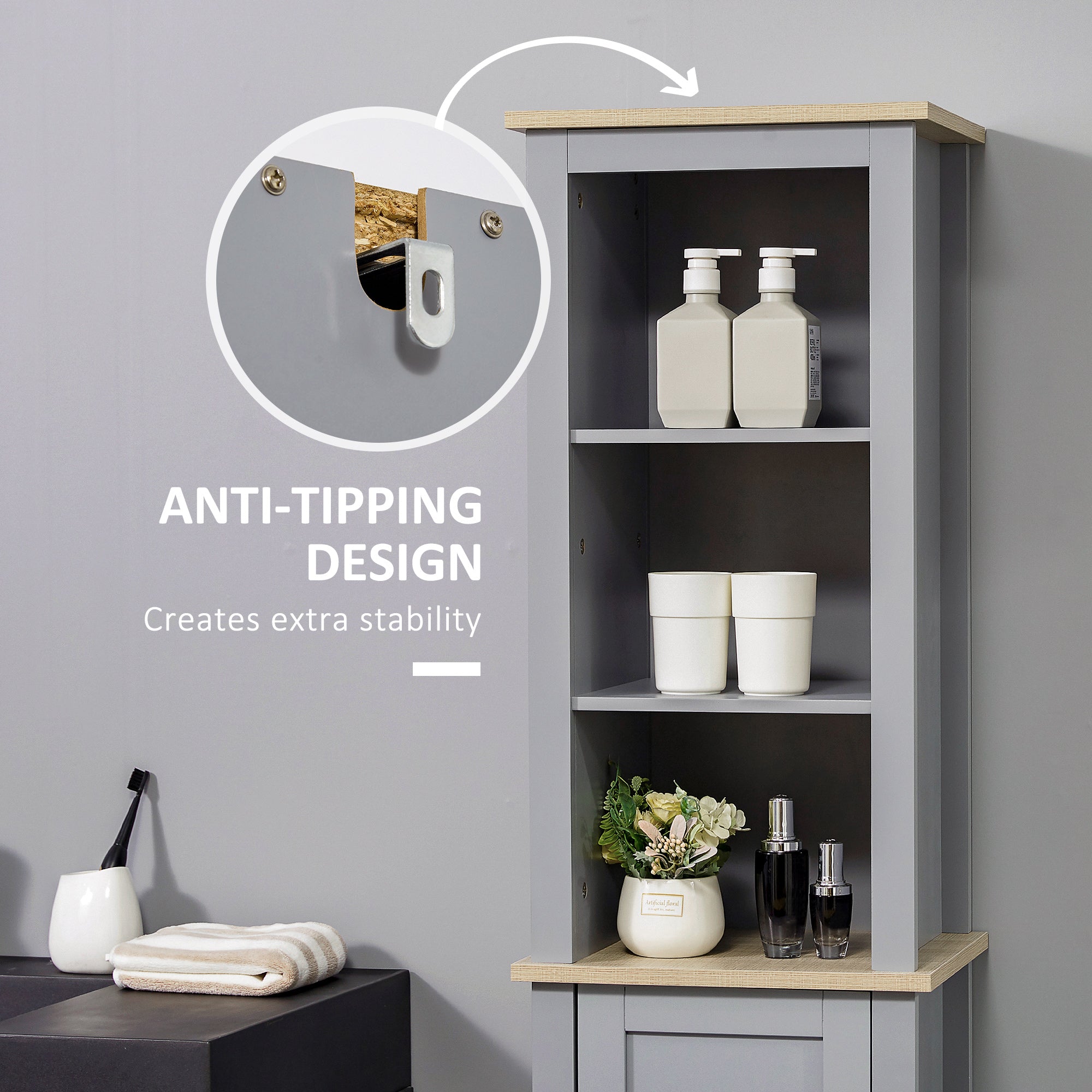 kleankin Bathroom Floor Storage Cabinet with 3 Tier Shelf and Cupboard with Door, Free Standing Linen Tower, Tall Slim Side Organizer Shelves, Grey - North Peak Garden Furniture