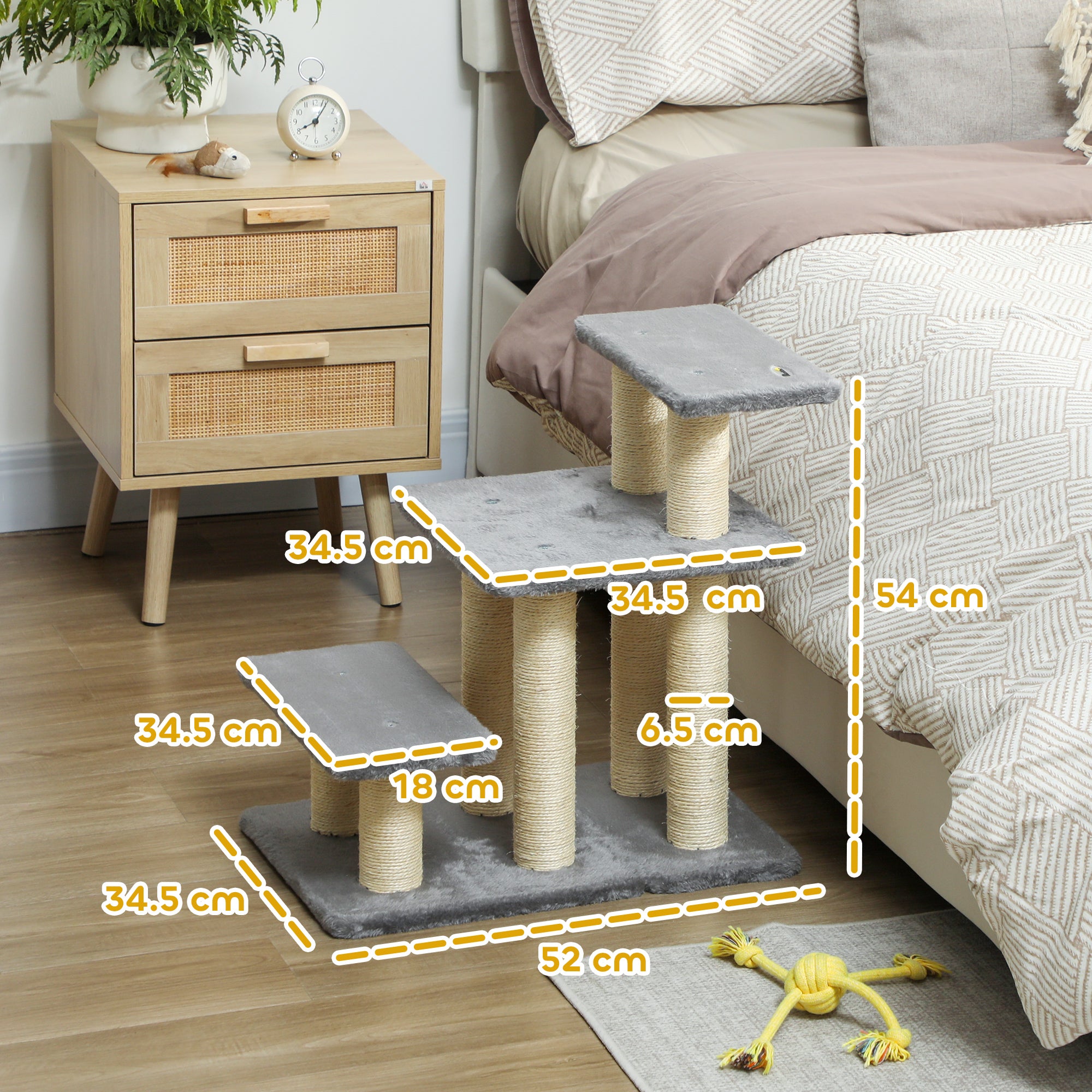PawHut Pet Steps for Bed, 3 Step Adjustable Pet Stairs for Sofa with 6 Sisal Scratching Posts for Small Dogs & Cats, Grey