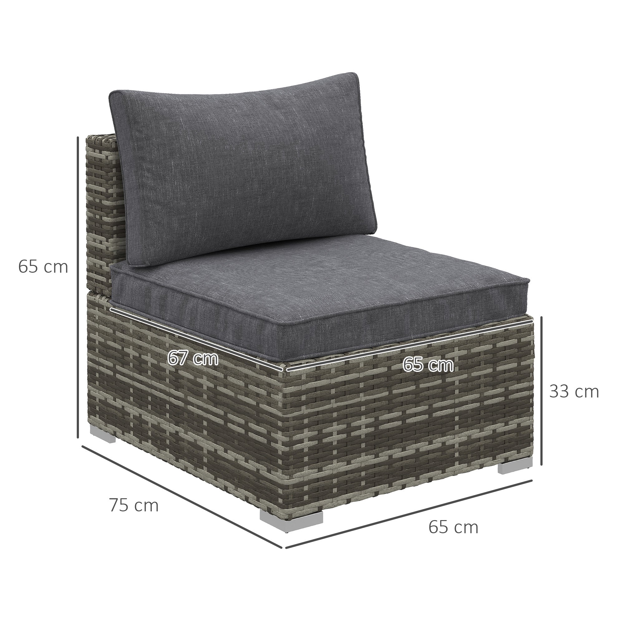 Outsunny Outdoor PE Rattan Furniture with Cushions, Garden Armless Chair with Adjustable Footpads and Back Support Cushion, for Garden, Yard, Terrace, Deep Grey - North Peak Garden Furniture