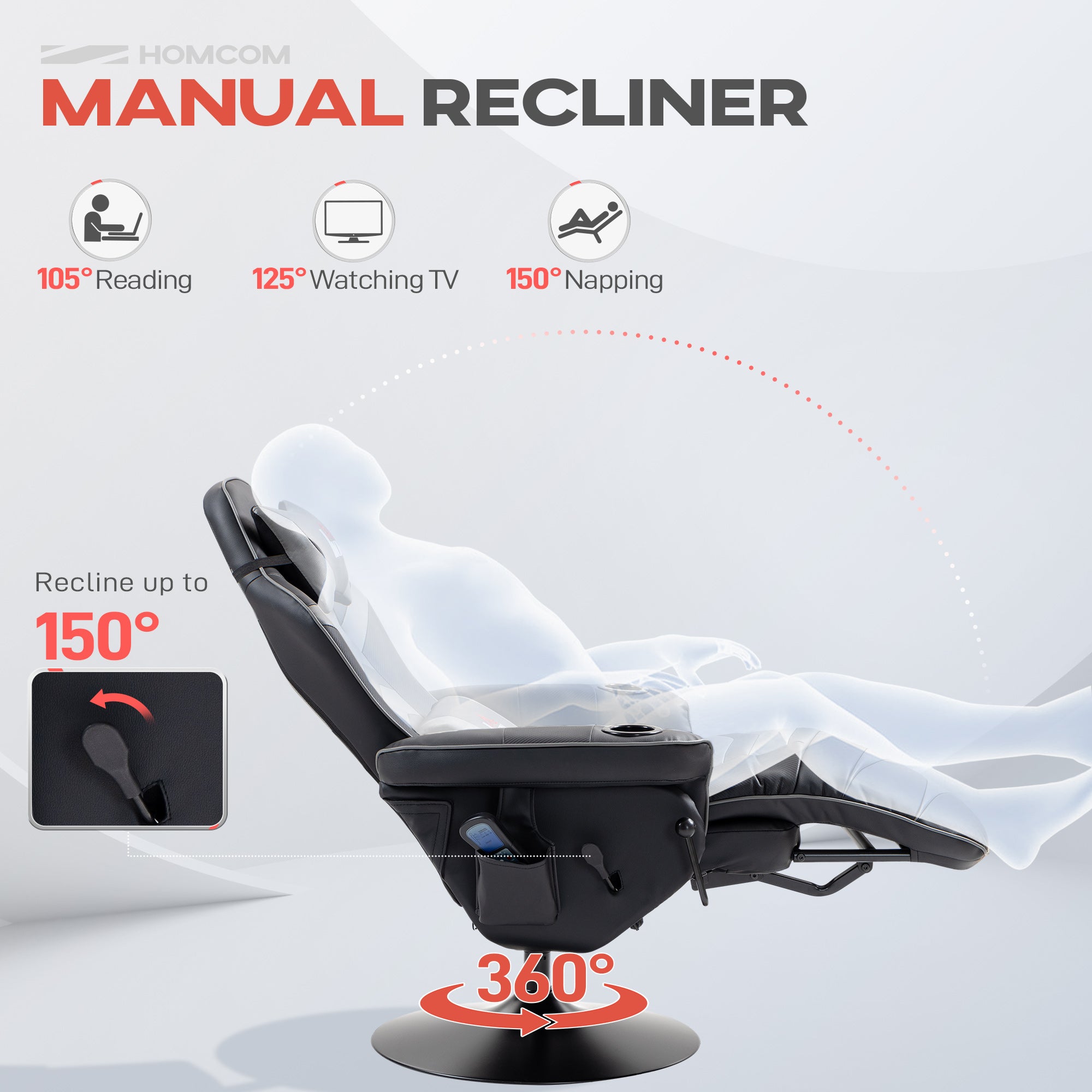 HOMCOM Massage Recliner Chair with Remote, PU Leather Recliner Armchair with Cup Holders and Side Pockets, Racing Style Reclining Chair with Headrest, 360° Swivel, Lumbar Support, Grey - North Peak Garden Furniture