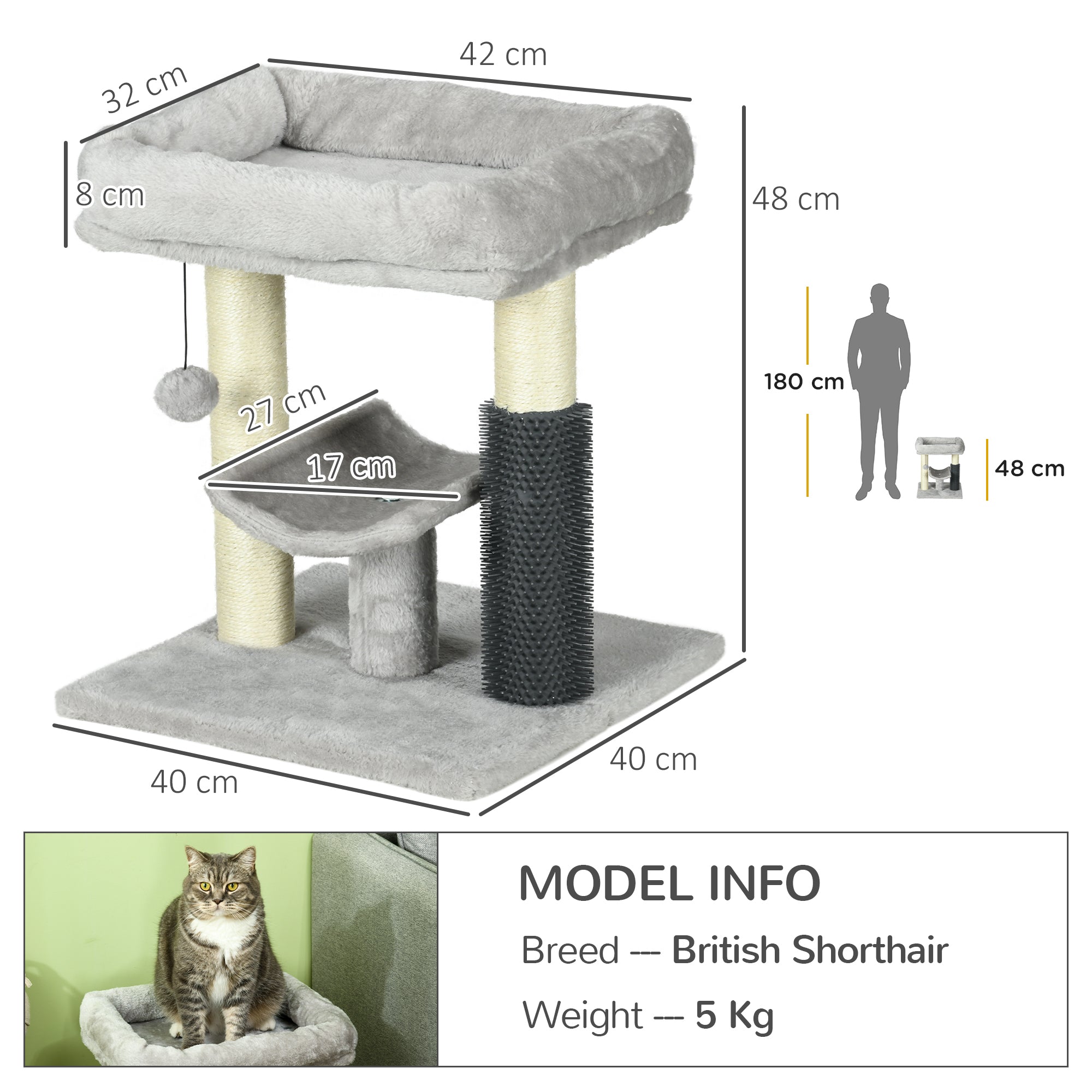 PawHut 48cm Cat Tree with Scratching Posts, Bed, Perch, Self Groomer, Toy - Grey - North Peak Garden Furniture