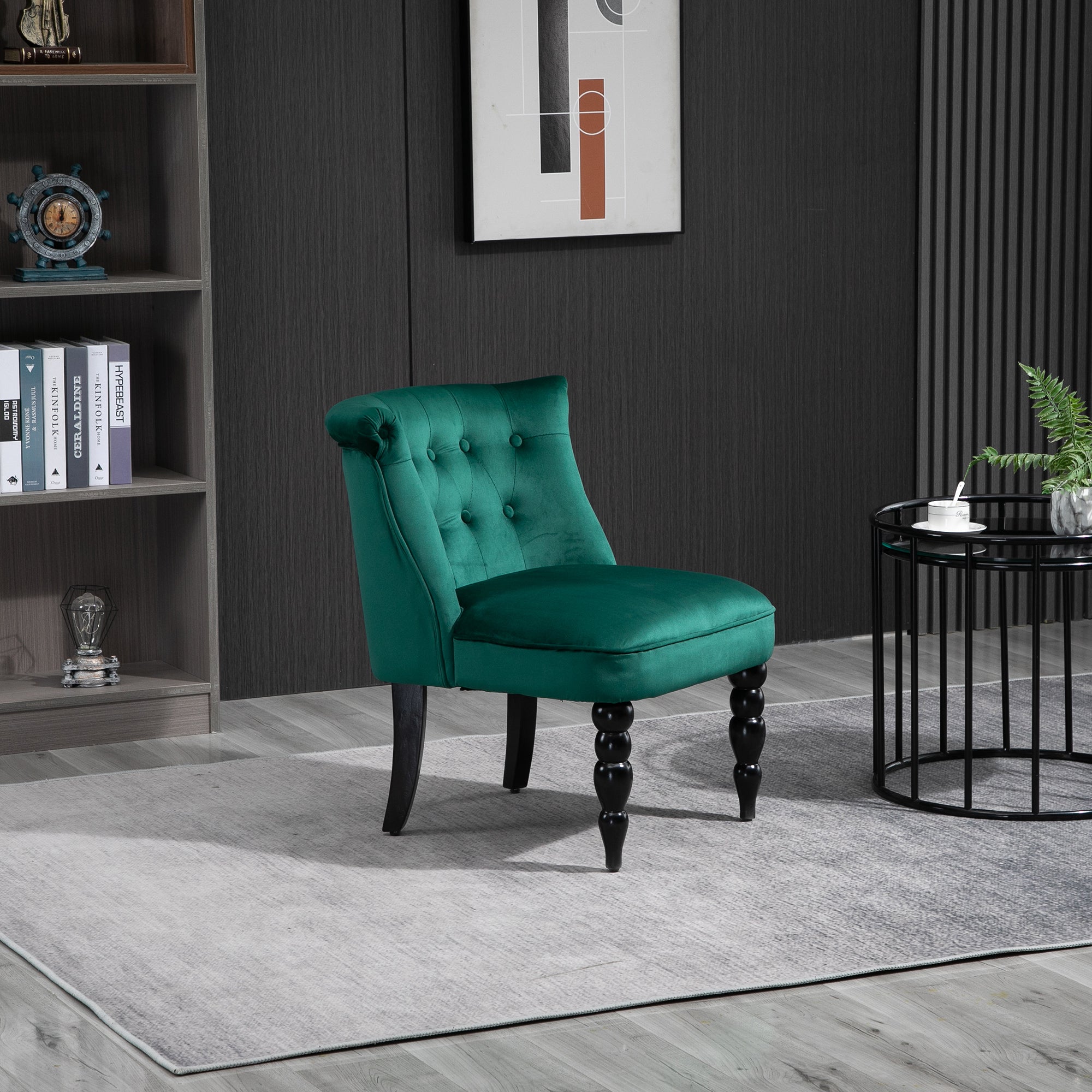 HOMCOM Velvet-Feel Wingback Accent Chair, with Wooden Legs - Green