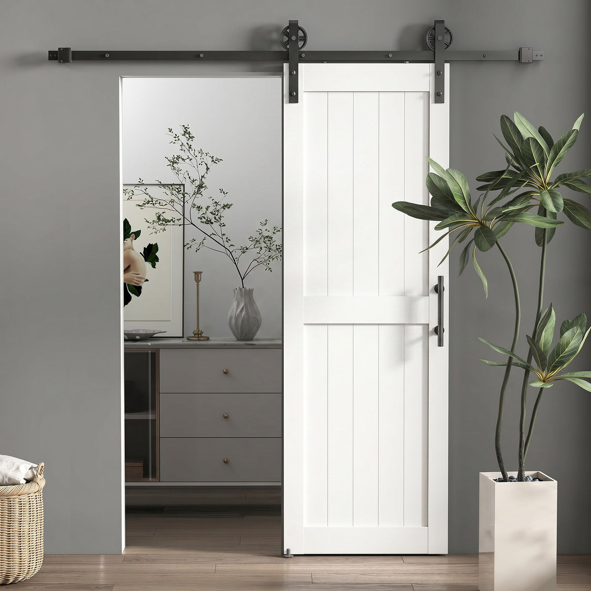 HOMCOM 152.4cm Sliding Barn Door Kit, Sliding Door with Track, Hardware, Upgraded Rollers and Floor Guide, Handle, White