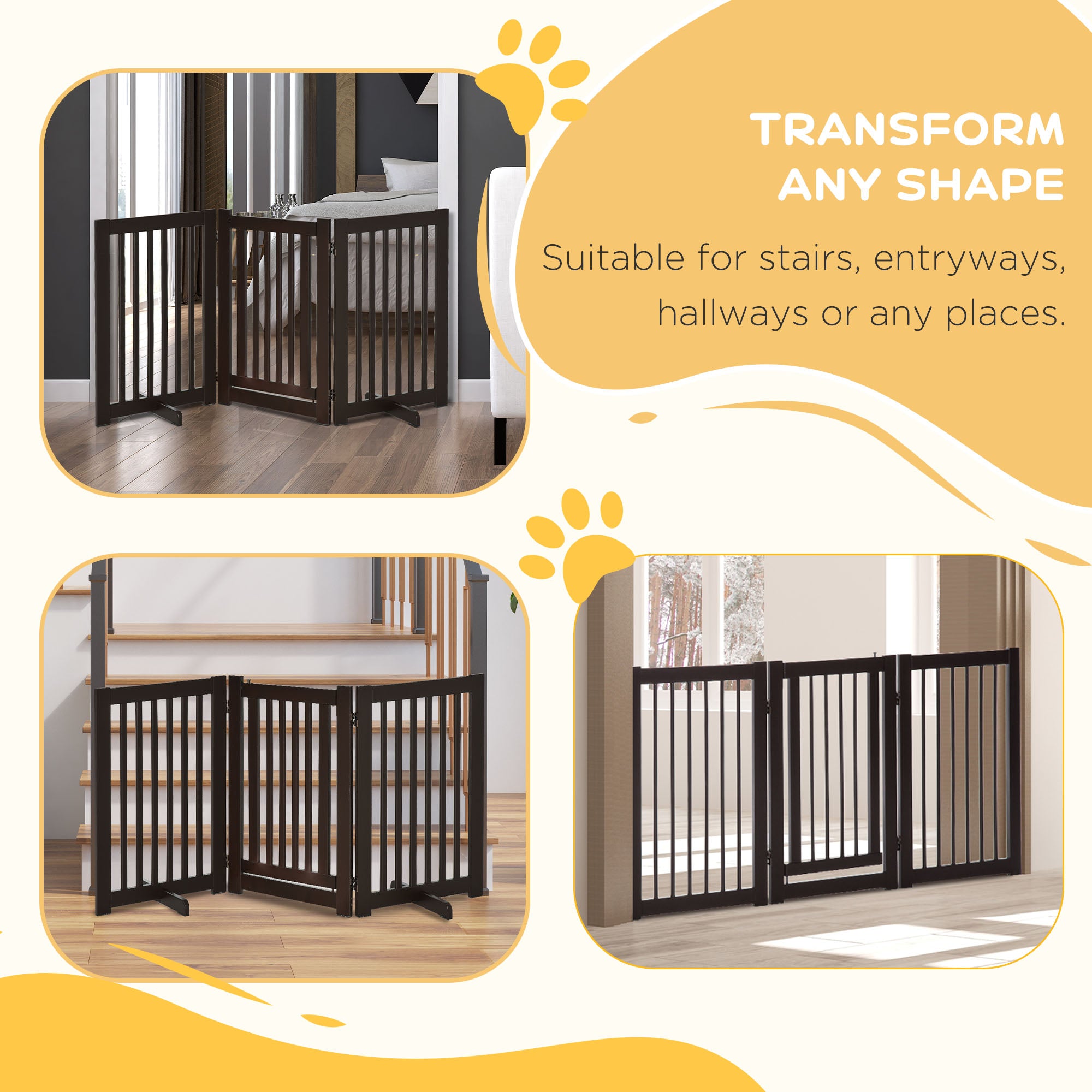 PawHut Freestanding Dog Gate, Foldable Pet Fence, Indoor Barrier, Stair Gate with Support Feet, 155 x 76 cm, Brown - North Peak Garden Furniture