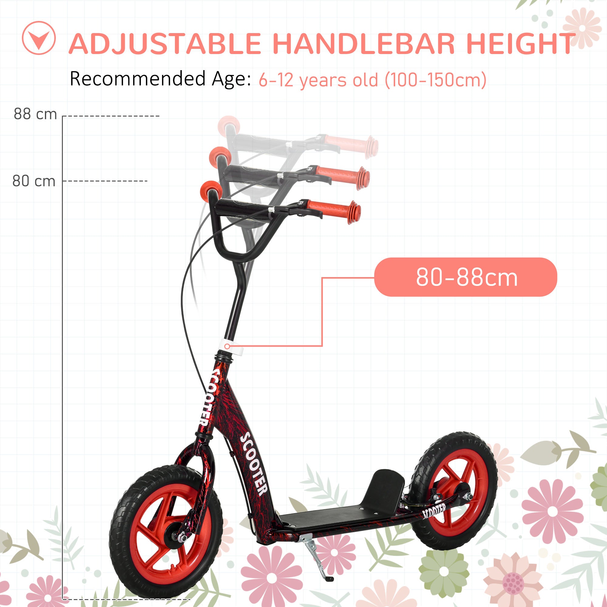 AIYAPLAY Kids Scooter with Adjustable Handlebar, Children's Kick Scooter with Non-slip Footplate, Rear Brake, Kickstand, Red - North Peak Garden Furniture