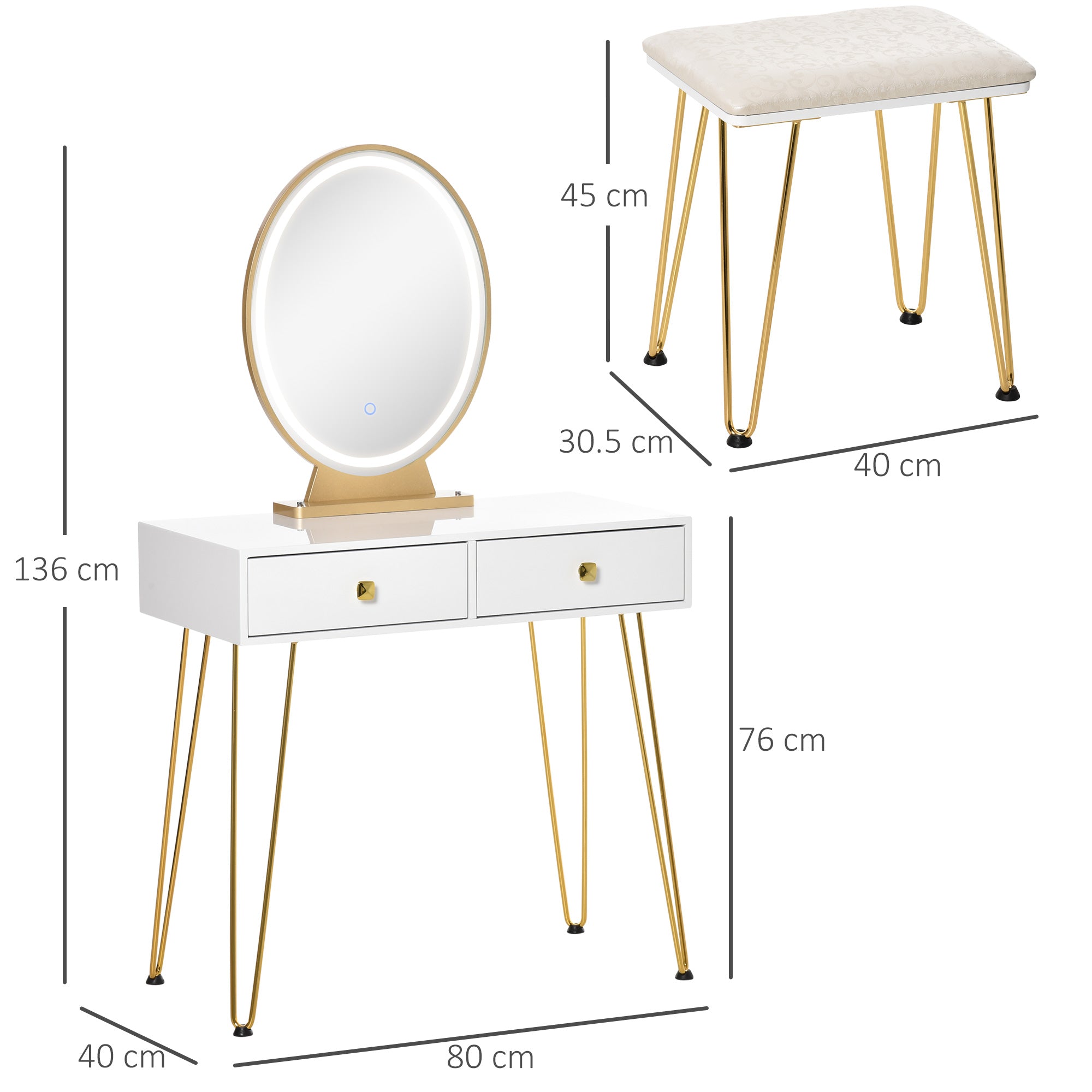 HOMCOM Dressing Table Set with LED Light, Round Mirror, Vanity Makeup Table with 2 Drawers and Cushioned Stool for Bedroom, White - North Peak Garden Furniture