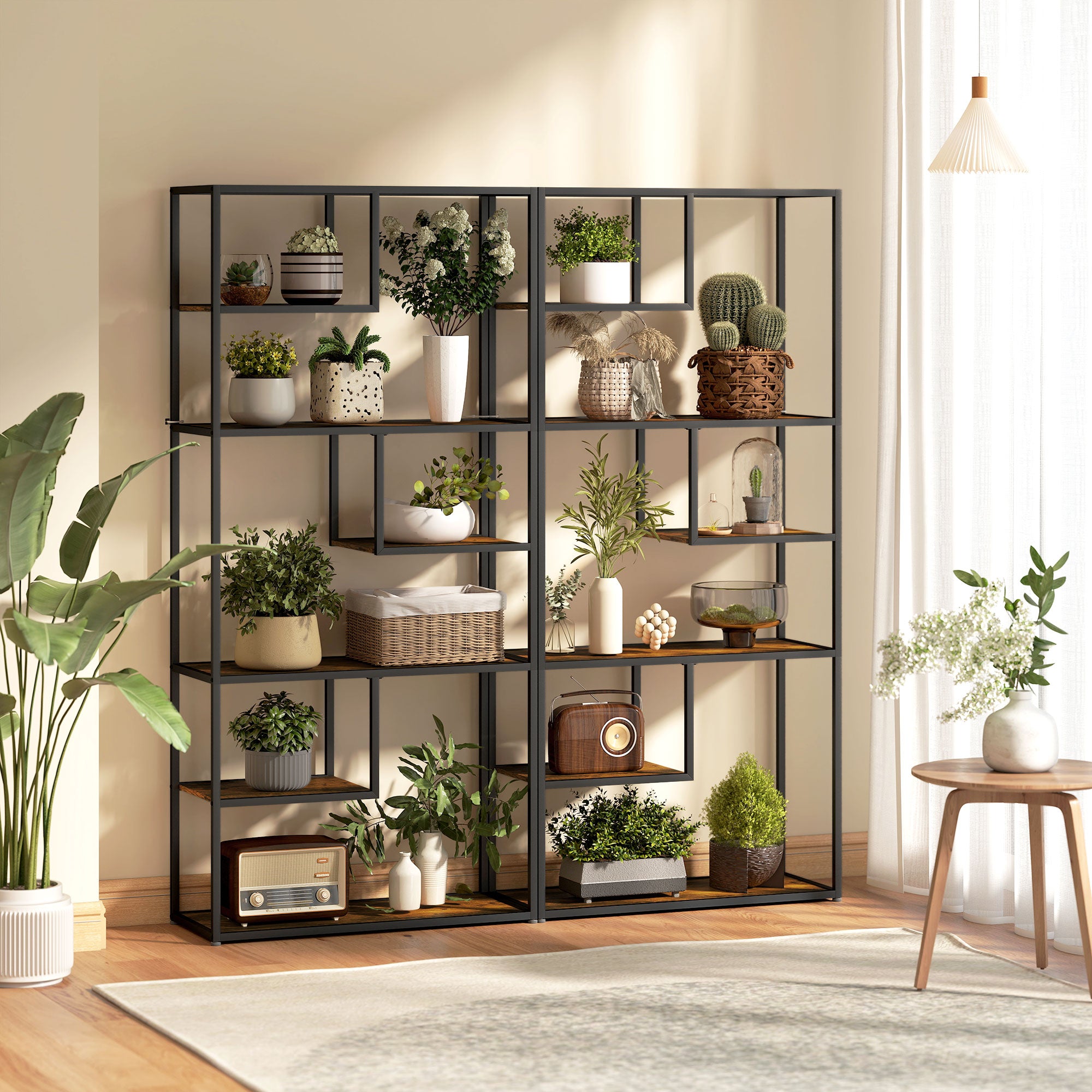 HOMCOM Industrial Bookcase Shelf, 7 Tier Metal Shelving, Storage Shelves for Living Room, Home Office, Bedroom, Rustic Brown