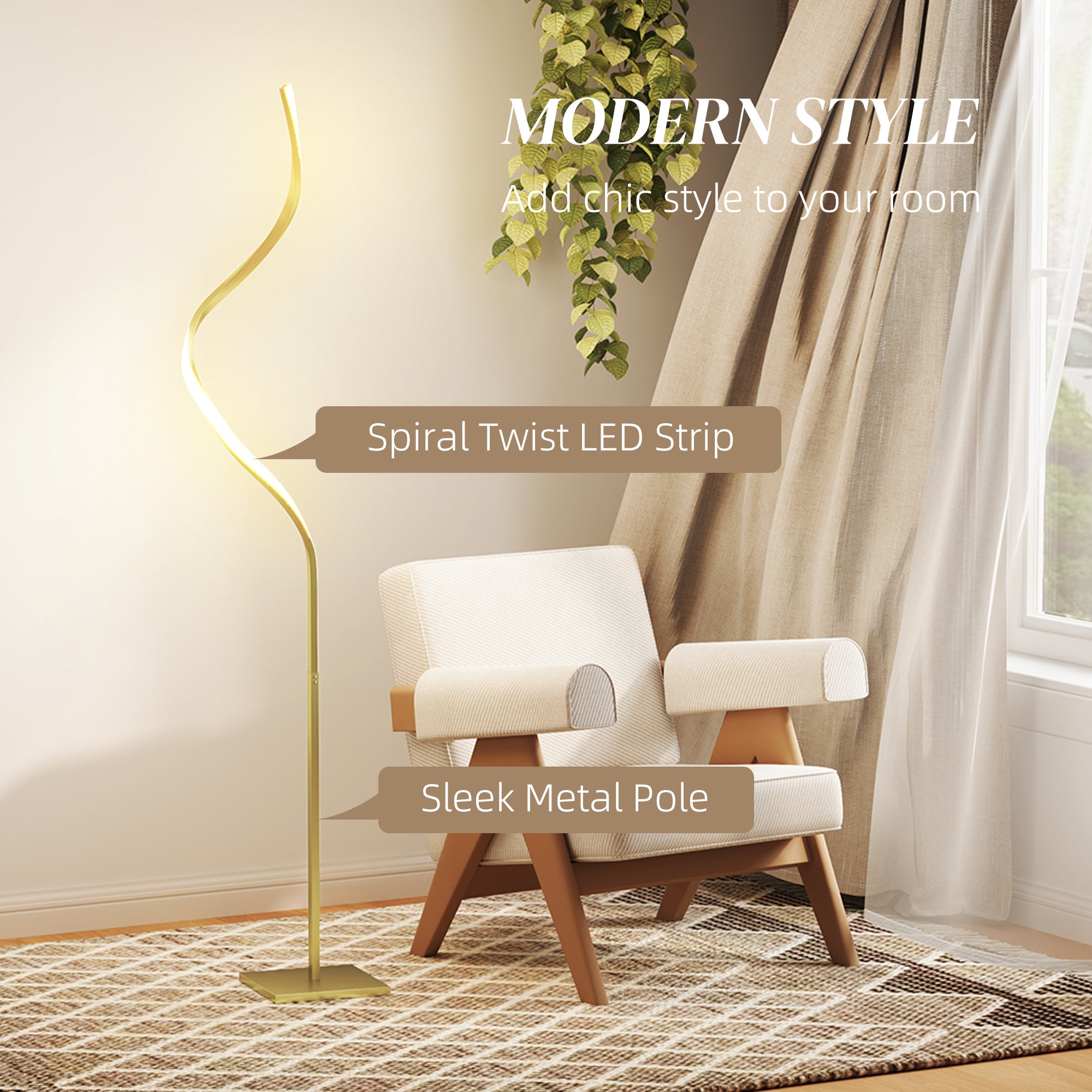 HOMCOM LED Floor Lamp with 3 Adjustable Brightness, Modern Standing Lamp with Foot Switch for Bedroom, Living Room, Gold Tone - North Peak Garden Furniture