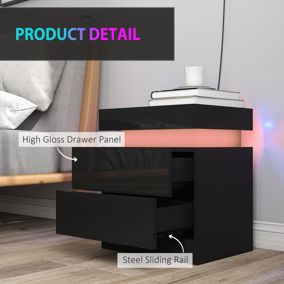 HOMCOM Black Bedside Table with LED Light, High Gloss Front Nightstand with 2 Drawers, for Living Room, Bedroom, Set of 2