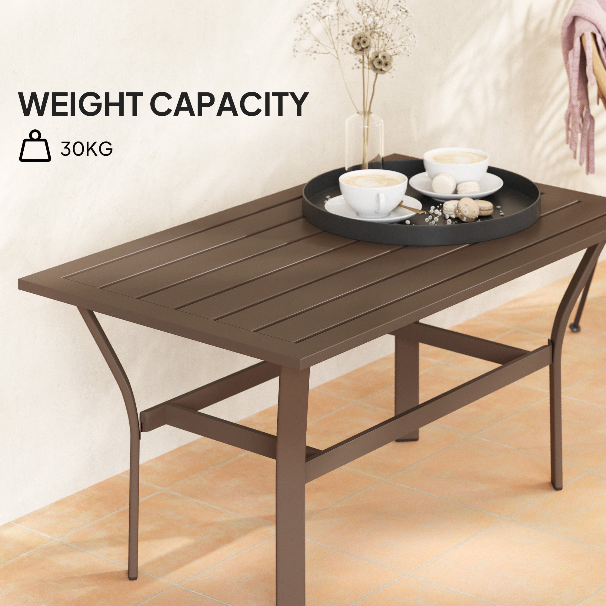 Outsunny Metal Garden Coffee Table, Rectangular Outdoor Side Table with Slatted Tabletop, Foot Pads for Outside, Garden, Balcony, Porch, 91.5 x 55 x 45cm, Brown - North Peak Garden Furniture