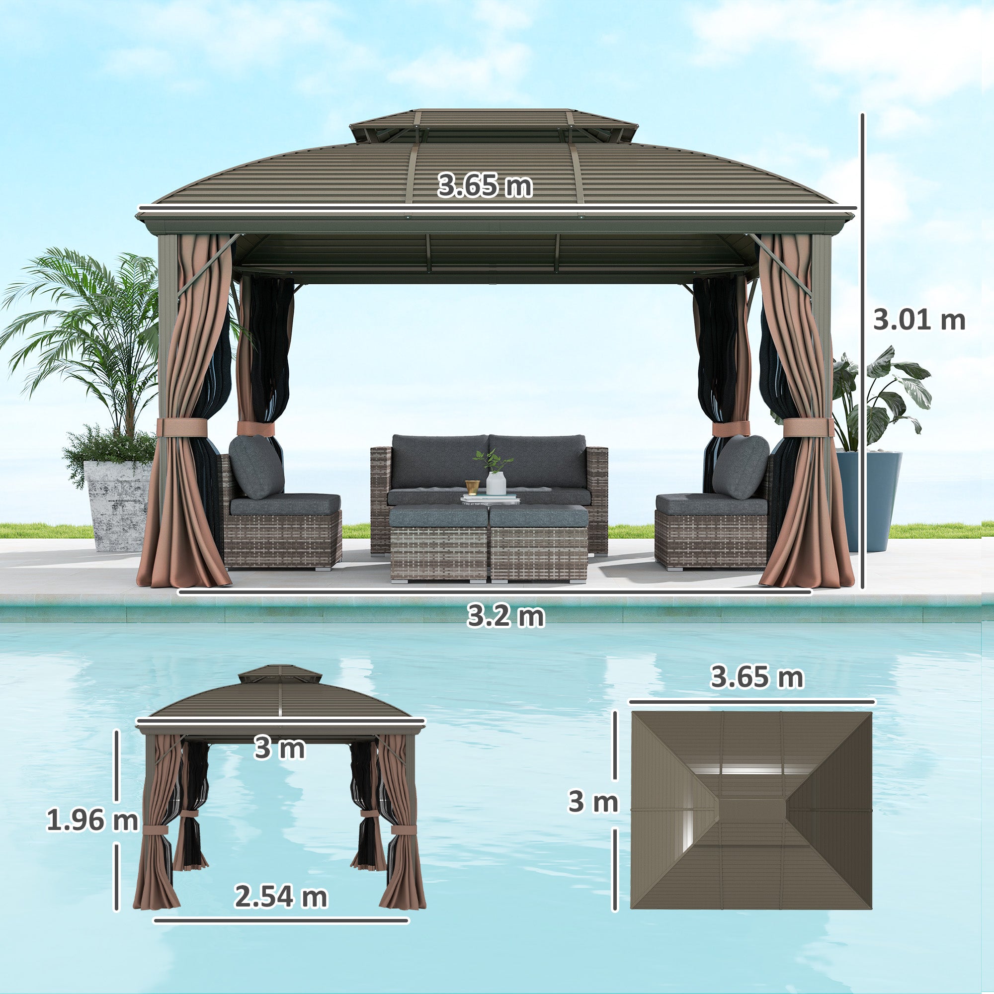 Outsunny 3.65 x 3(m) Hardtop Steel Gazebo Canopy with Aluminium Frame, Double Roof, Net Sidewalls and Curtains, Coffee - North Peak Garden Furniture