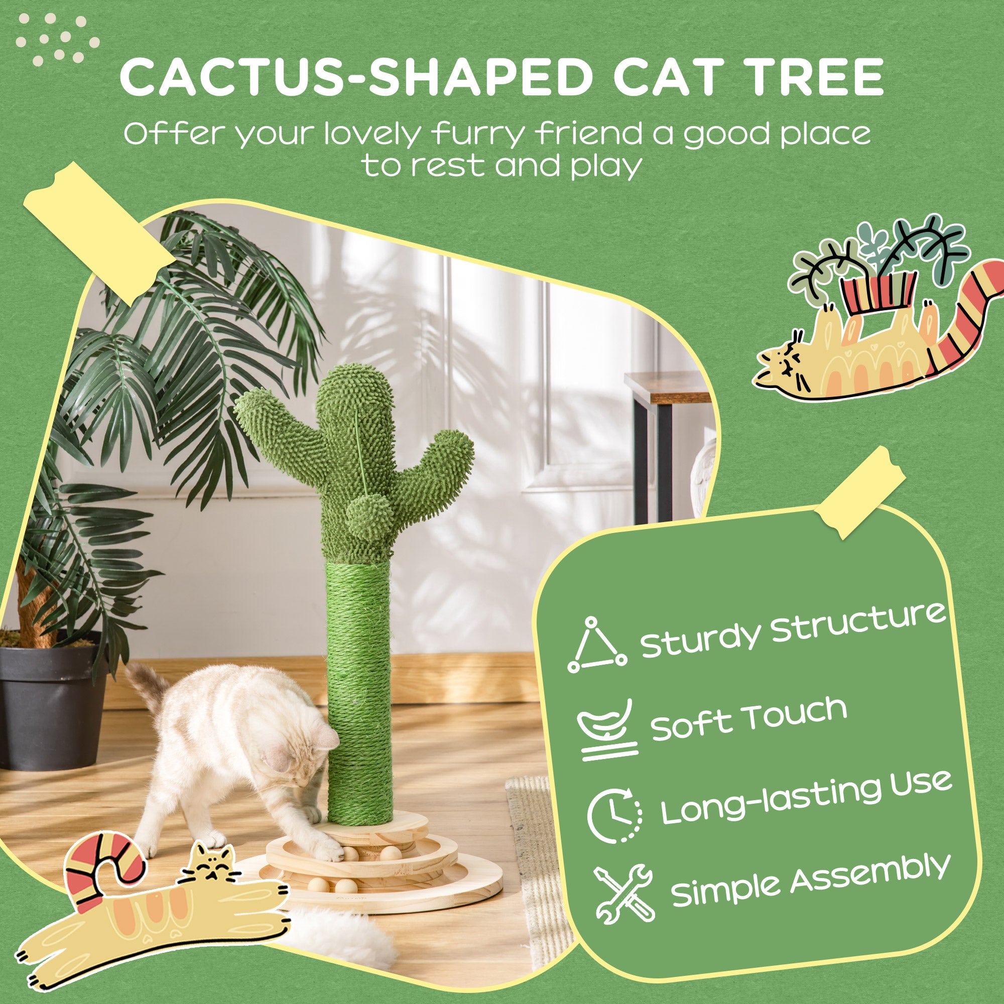 PawHut Cat Tree Cactus Sisal Scratching Post for Indoor Cats Play Tower Kitten Furniture with Hanging Ball Interactive Fun Roller Exerciser 32 x 32 x 60cm - North Peak Garden Furniture