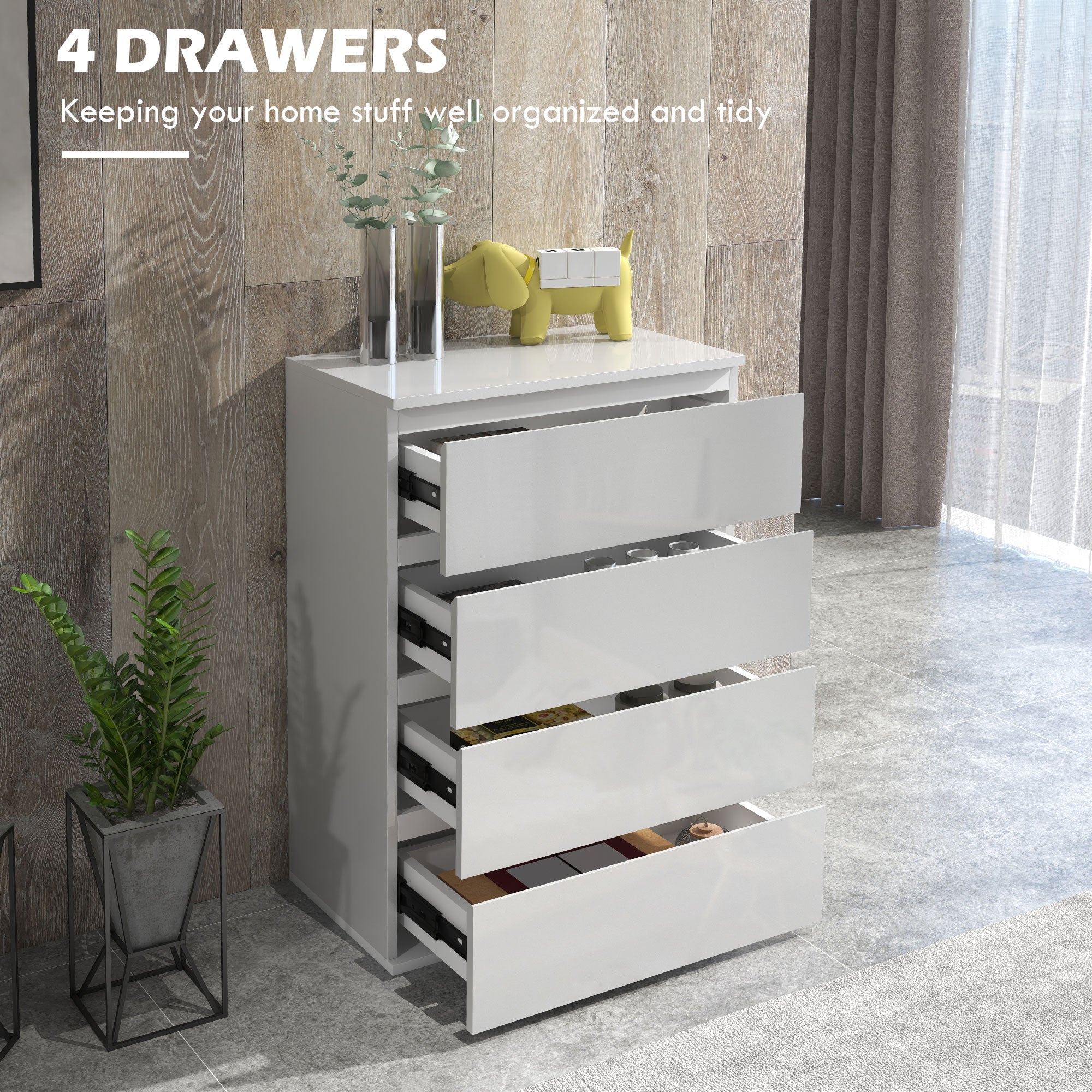 HOMCOM High Gloss Chest of Drawers, 4-Drawer Storage Cabinets, Modern Dresser, Storage Drawer Unit for Bedroom - North Peak Garden Furniture