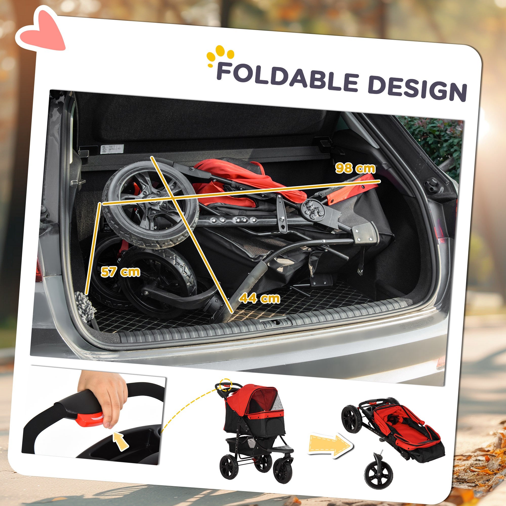 PawHut Dog Pram Dog Stroller Pet Stroller, 3 Wheels Dog Pushchair with Brake, for Small Miniature Dogs, Cats, Red - North Peak Garden Furniture
