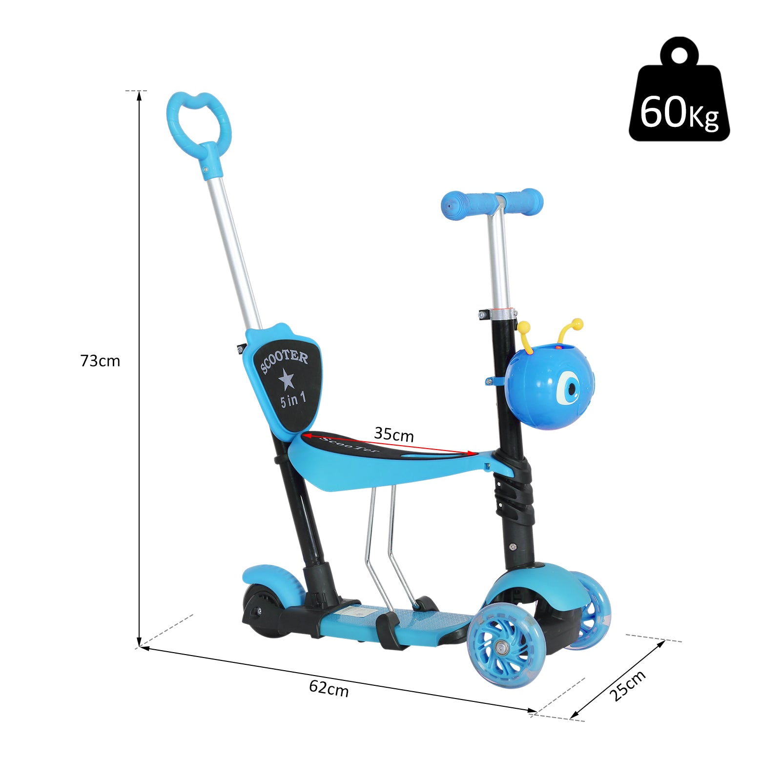 HOMCOM 5-in-1 Kids Toddler 3 Wheels Mini Kick Scooter Push Walker with Removable Seat & Back Rest for Girls and Boys Blue - North Peak Garden Furniture