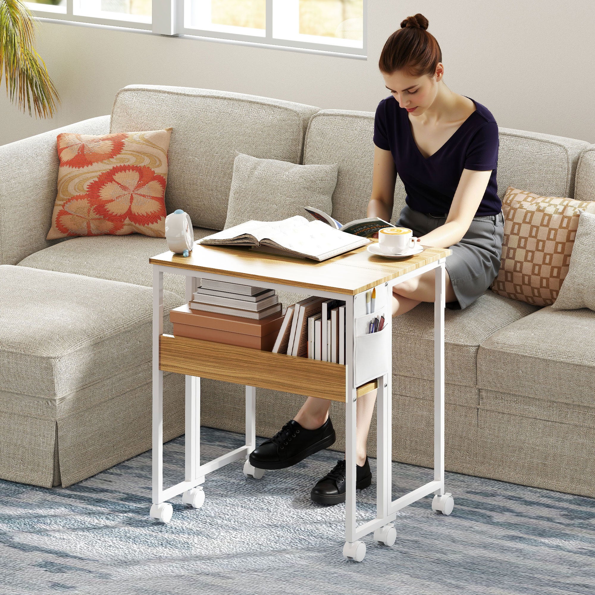 HOMCOM 63 cm Drop Leaf Writing Work Desk - Natural Wood Finish - North Peak Garden Furniture