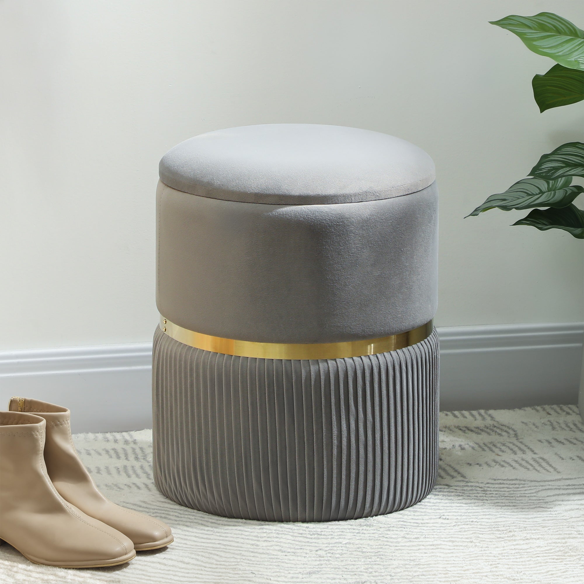 HOMCOM Velvet-Feel Storage Ottoman - Light Grey