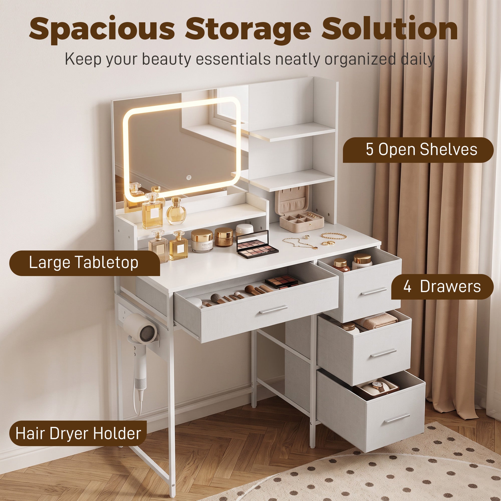 HOMCOM Dressing Table with 3-Colour LED Mirror, Power Outlet, Vanity Desk with 4 Drawers, 5 Shelves, Hair Dryer Holder