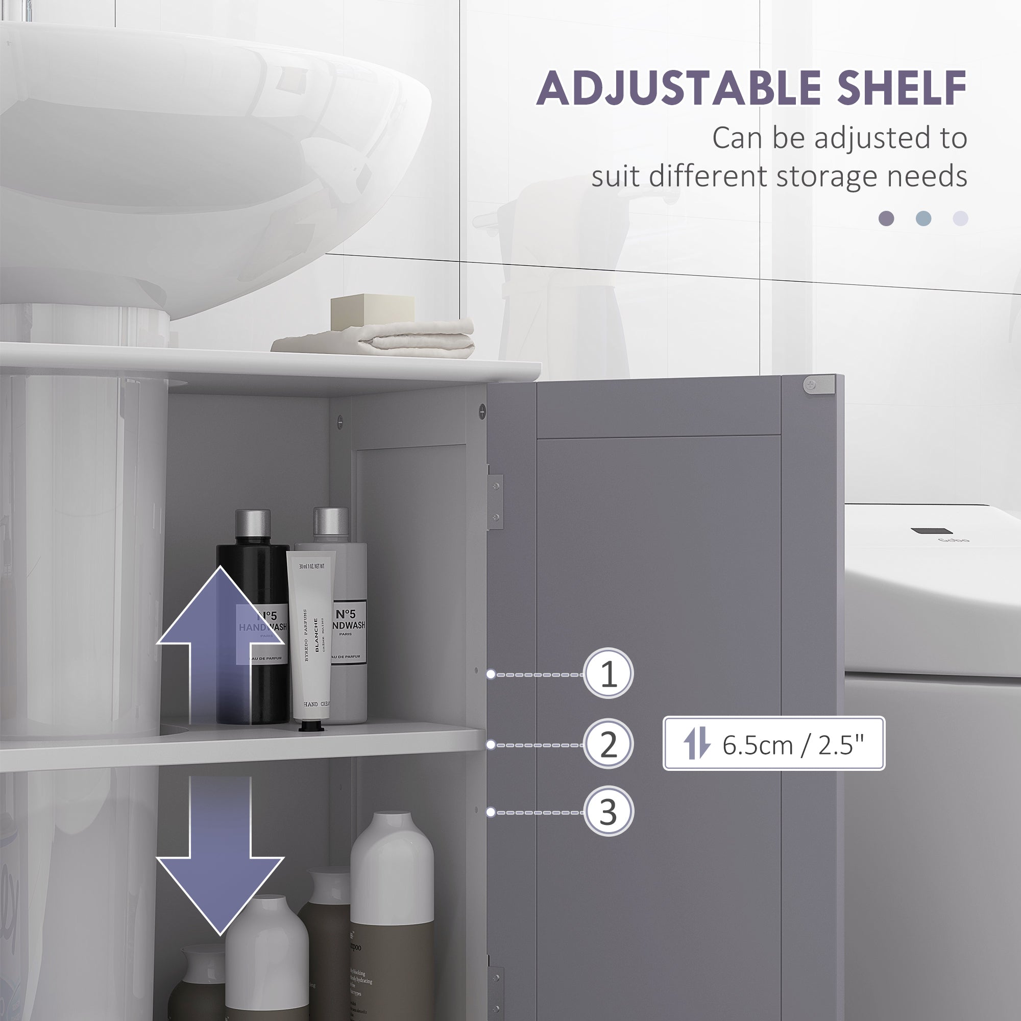 kleankin 60x60cm Under-Sink Storage Cabinet w/ Adjustable Shelf Handles Drain Hole Bathroom Cabinet Space Saver Organizer White and Grey - North Peak Garden Furniture