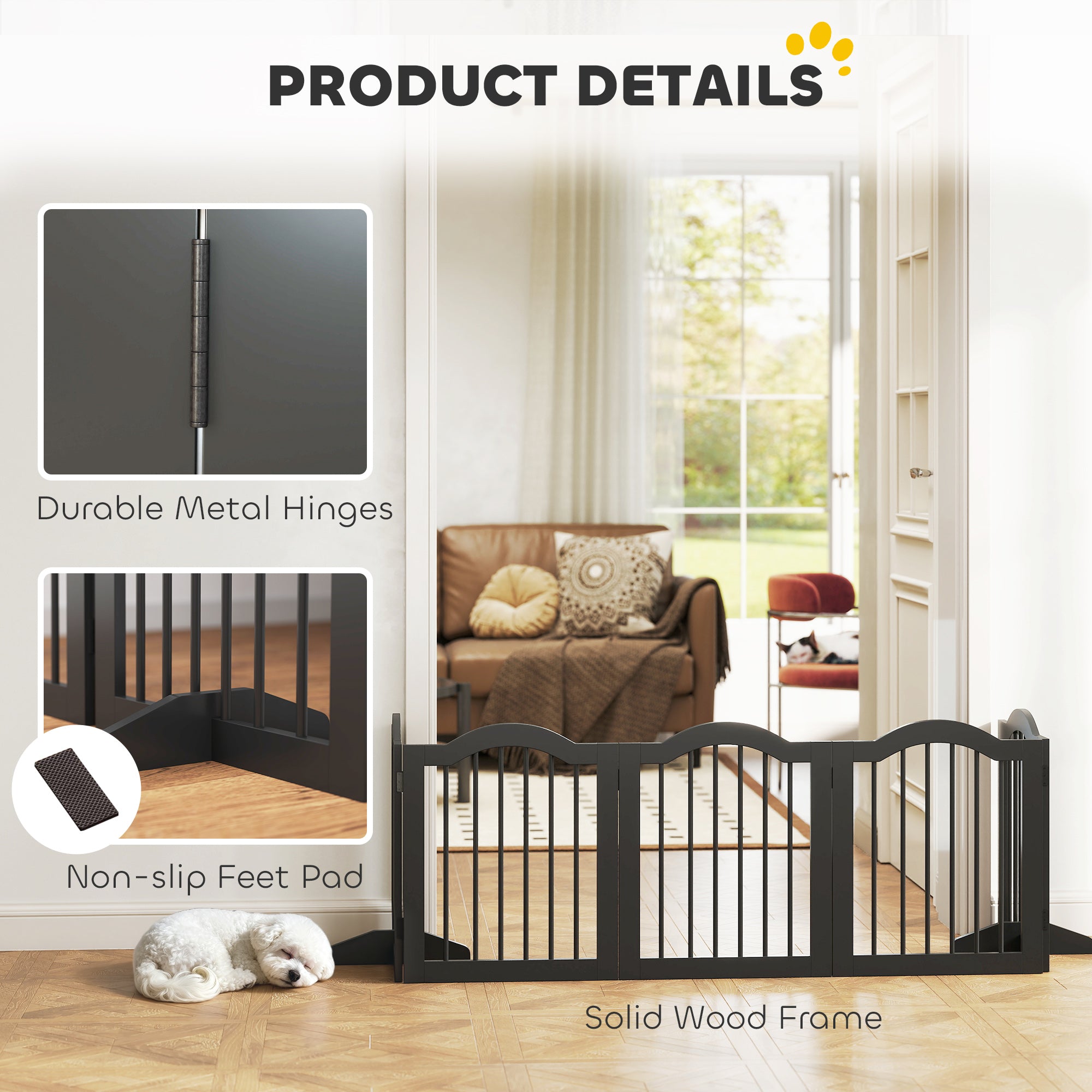 PawHut Freestanding Dog Gate Wooden Stair Gate for Dogs with Support Feet Foldable Pet Fence Safety Barrier for the House Doorway Stairs Black