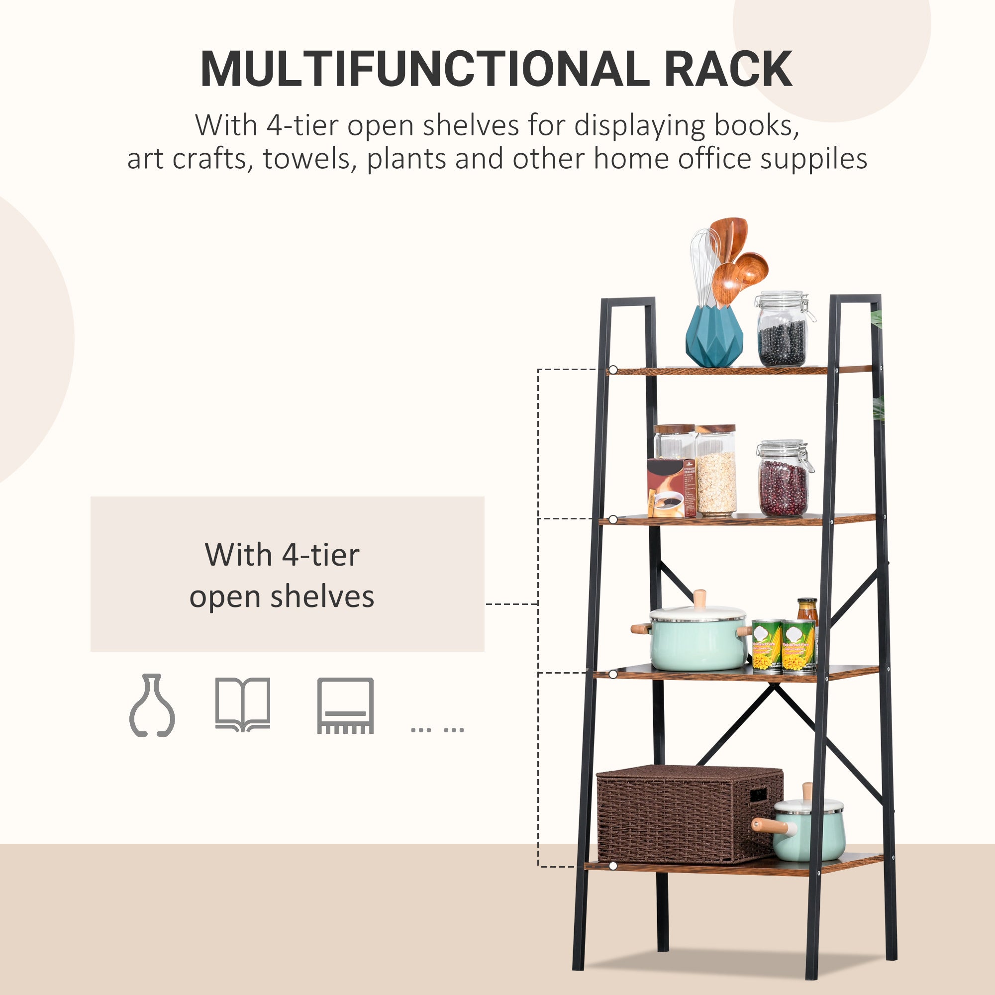 HOMCOM 4-Tier Vintage Ladder Shelf Bookcase Wood Storage Rack Stand Plants Display Black Brown